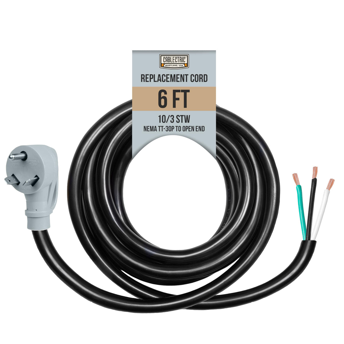 Cablectric 30 Amp Rv Replacement Power Cord - 6Ft 10 Gauge Ev Extension Cable Nema Tt-30P To Open End 3 Wire - Heavy Duty 30 Amp
