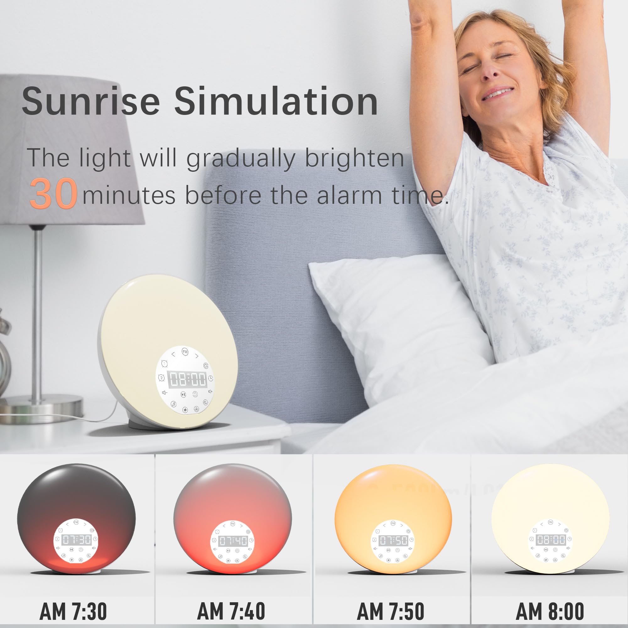 Sunrise Alarm Clock Wake Up Light For Kids, Adults, Heavy Sleepers, Bedroom, Sunrise Simulation, Dual Alarms, White Noise, Snooz