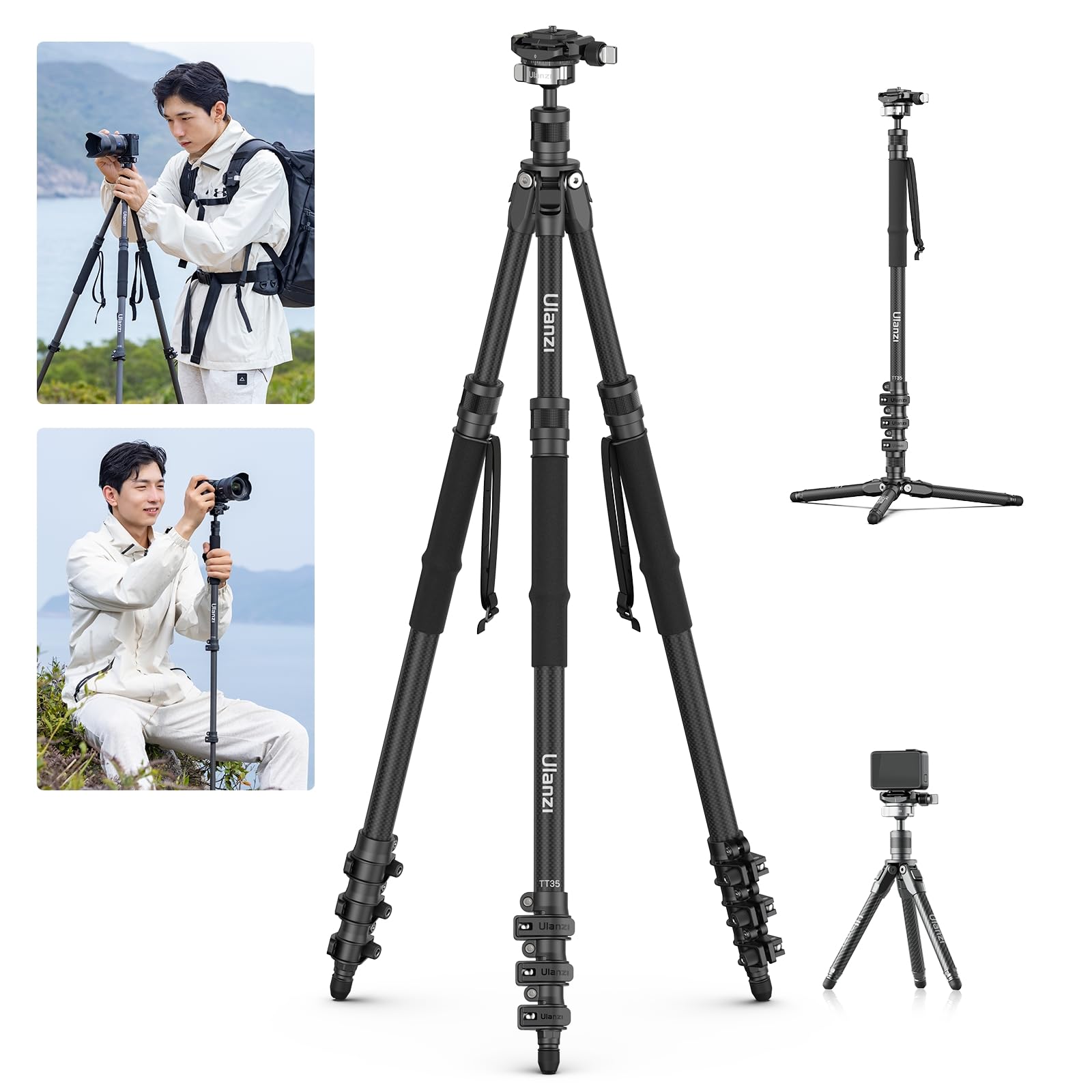 Ulanzi Tt35 Hiking Stick Tripod Kit, Travel Camera Tripod Monopod, 57.48'' Detachable Carbon Fiber Tripod Stand Kit With 3 Hikin