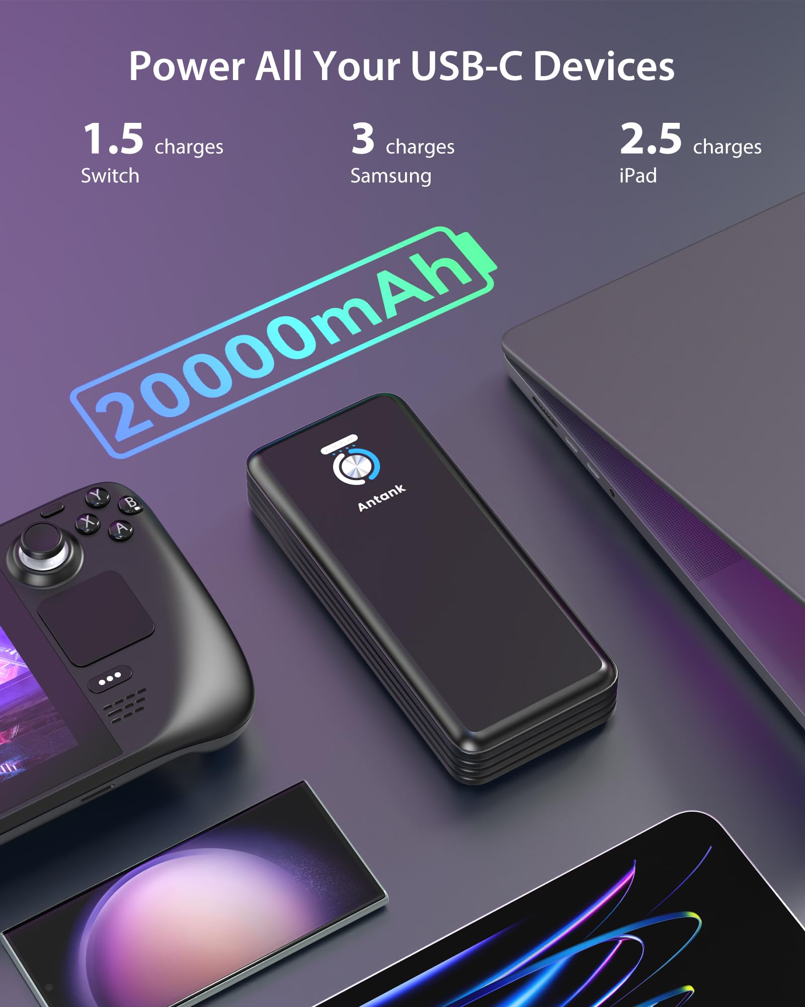 Antank Magnetic Power Bank Compatible With Steam Deck, 20000Mah 45W Pd Fast 3.0 Charging Portable Battery Bank, External Battery Pack With Removable Magnetic Back Mount & Dual Usb C Cable