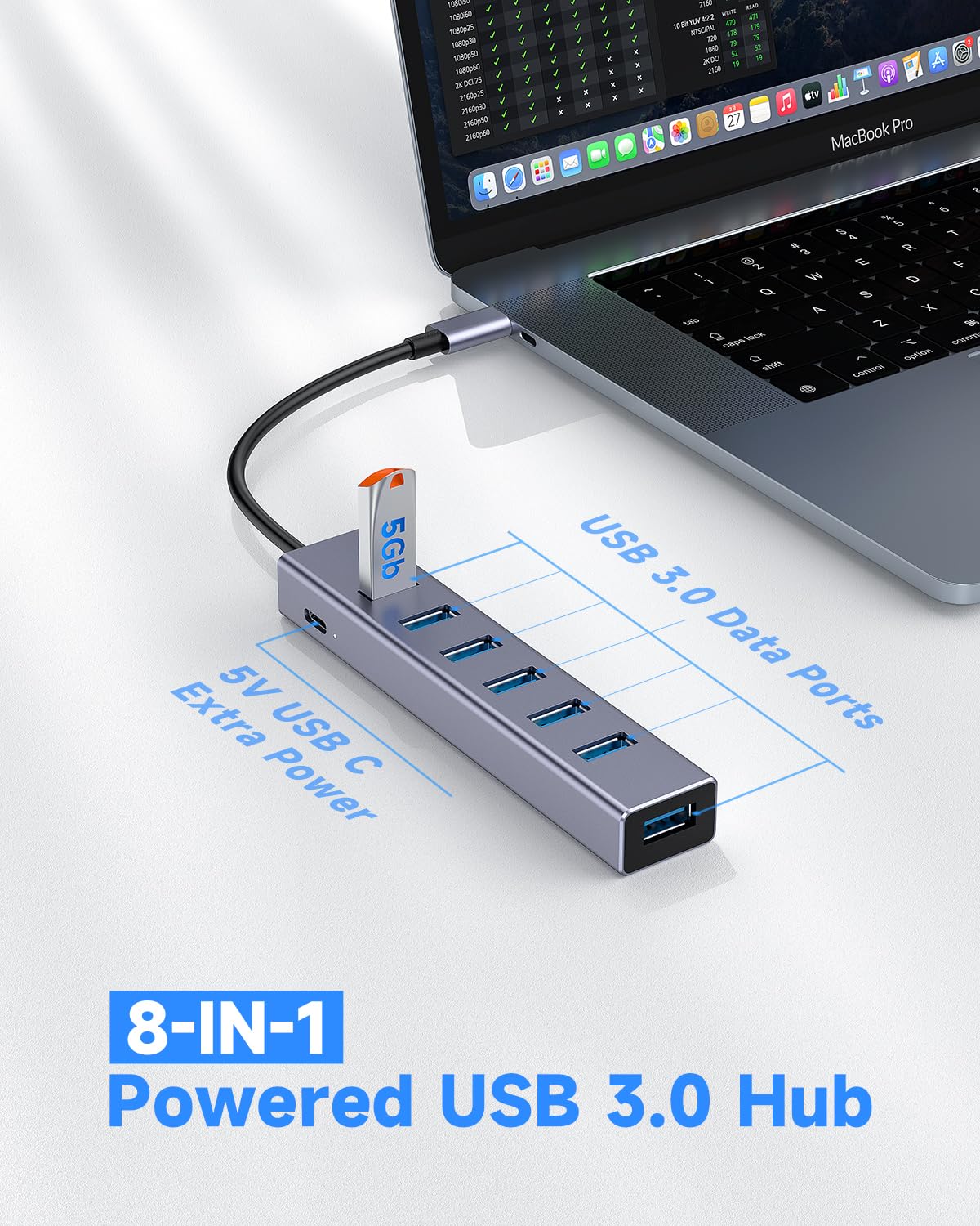 Usb C To Usb Hub, 8 Ports Usb 3.0 Adapter With 7 Usb 3.0 Data Ports,Usb C Splitter With Usb C 5V/3A Power Port, 7.9In/20Cm Main