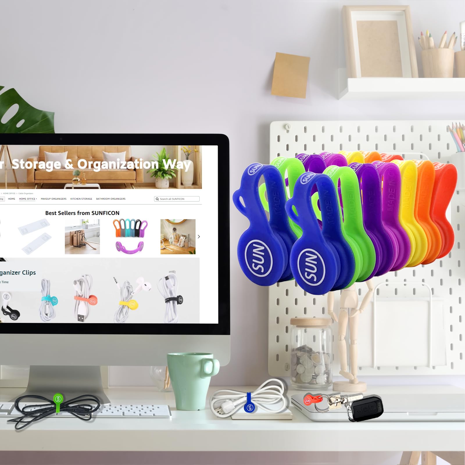 Sunficon 14 Pack Magnetic Cable Organizers Rainbow Cable Clips Earbuds Cords Winder Bookmark Whiteboard Noticeboard Fridge Magne
