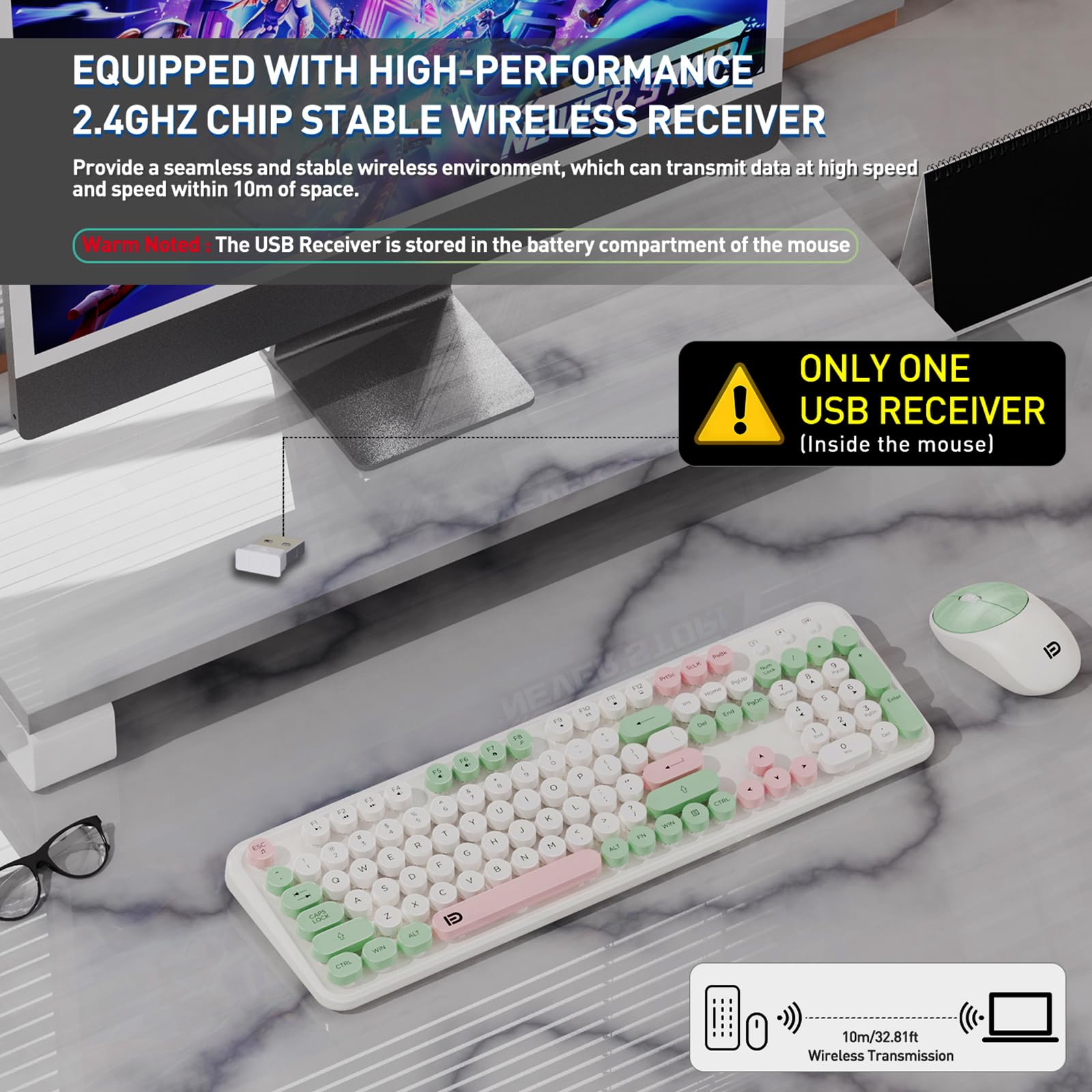 Wireless Keyboard And Mouse Set, 105 Keys Full Size Cute Colorful Keyb ...