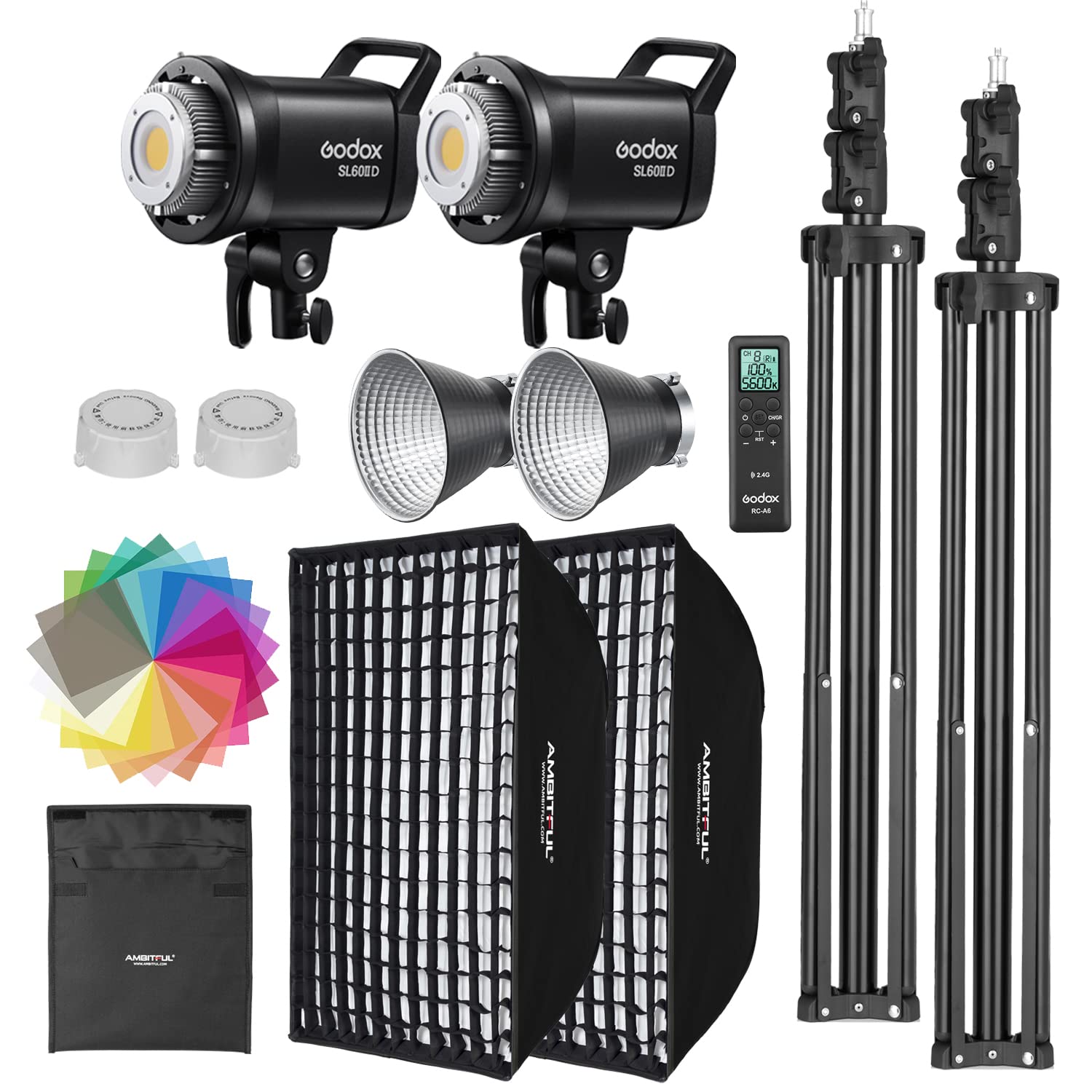 Godox Sl60Ii D Led Video Light Kit 2Pack Continuous Light Set, Square Grid Softbox,Light Stand, Remote Control & Honeycomb Grid