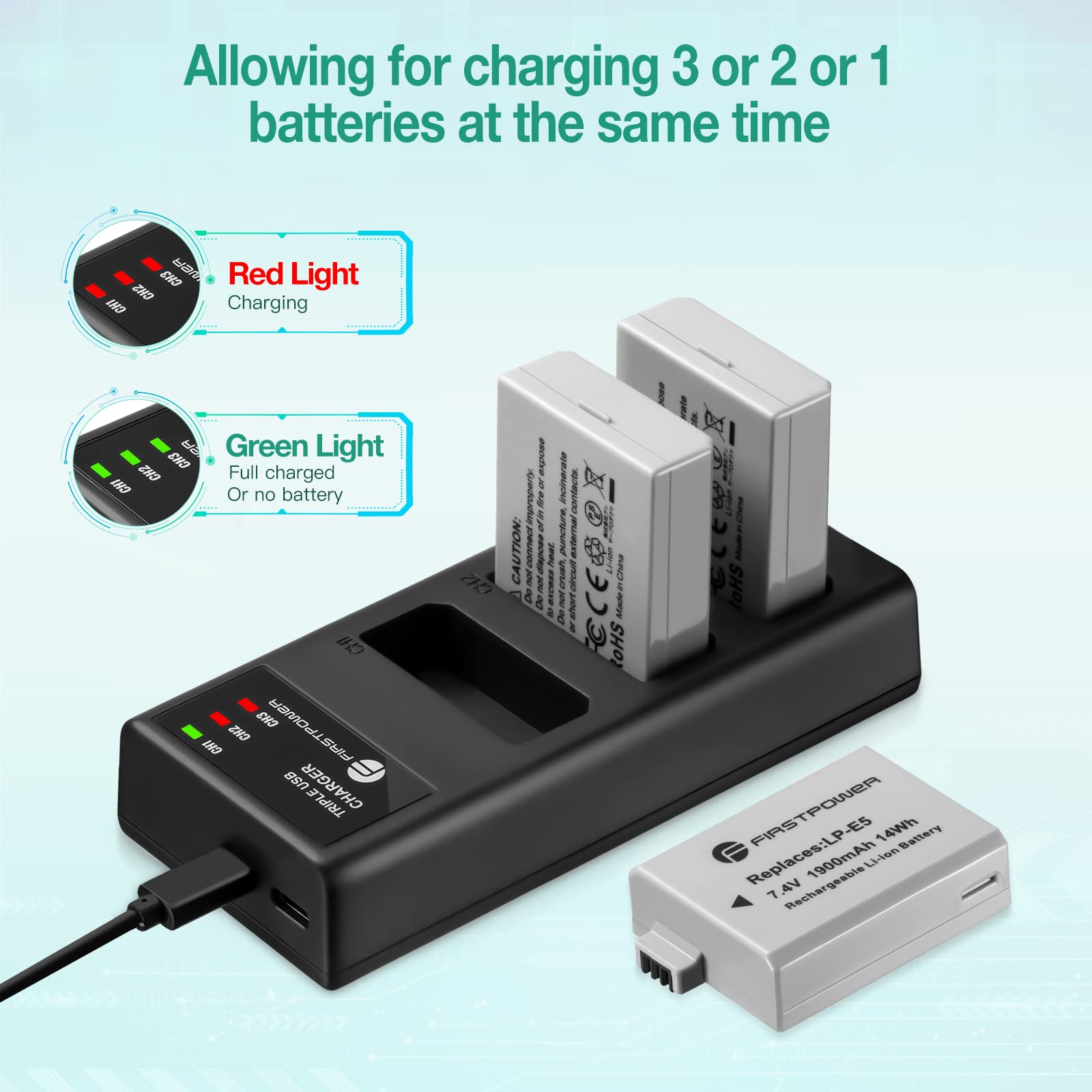FirstPower LP-E5 Camera Battery 3-Pack Triple Charger Kit for Canon EOS Rebel XS T1i XSi 1000D 500D 450D Black