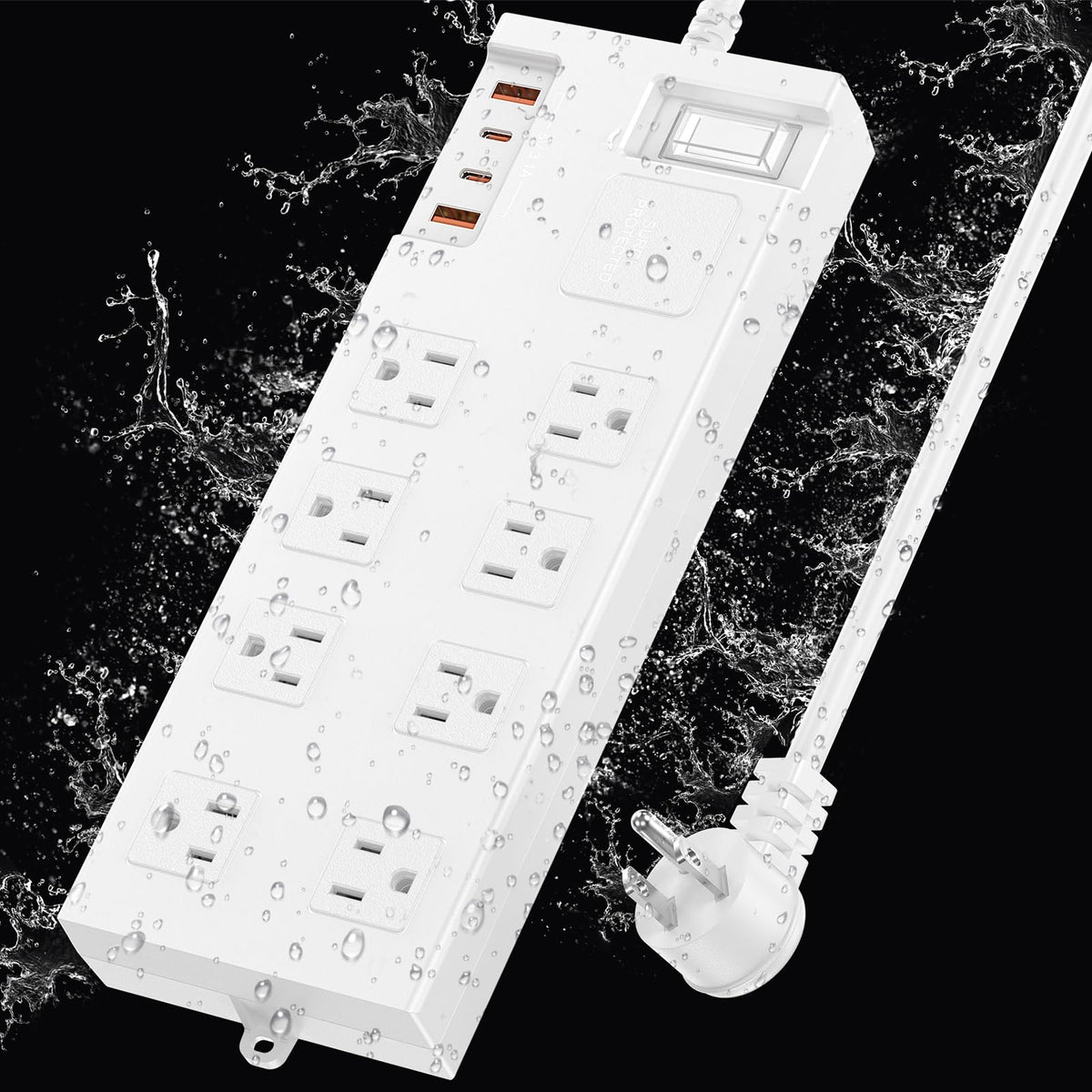 Surge Protector Power Strip Waterproof, Outdoor Extension Cord Multiple Outlets With Usb A + C Fast Charging, Waterproof Electri