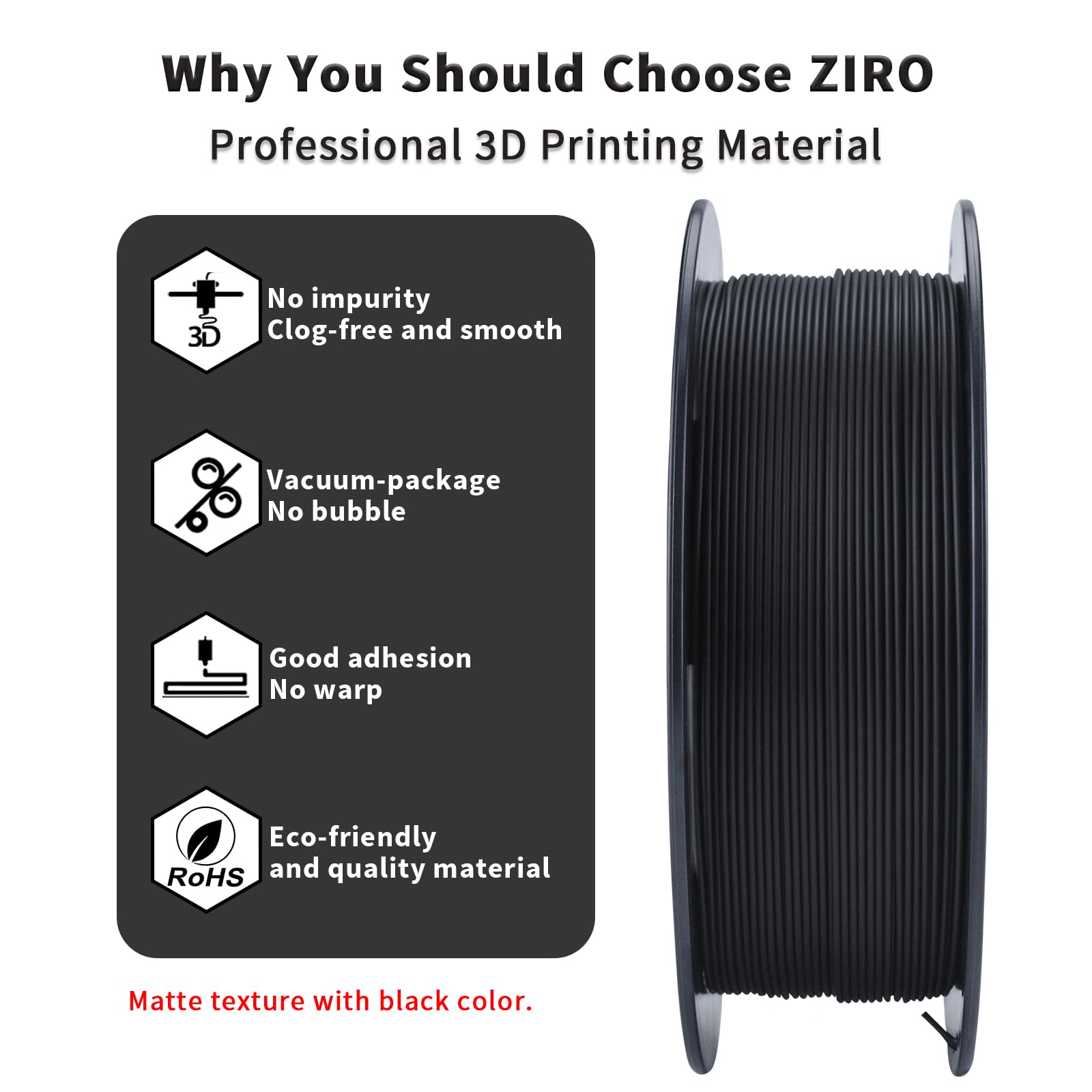 Ziro Matte Pla Filament 175Mm,1Kg 3D Printer Filament,High Toughness Pla,Dimensional Accuracy +  003Mm,Matte Pla Black