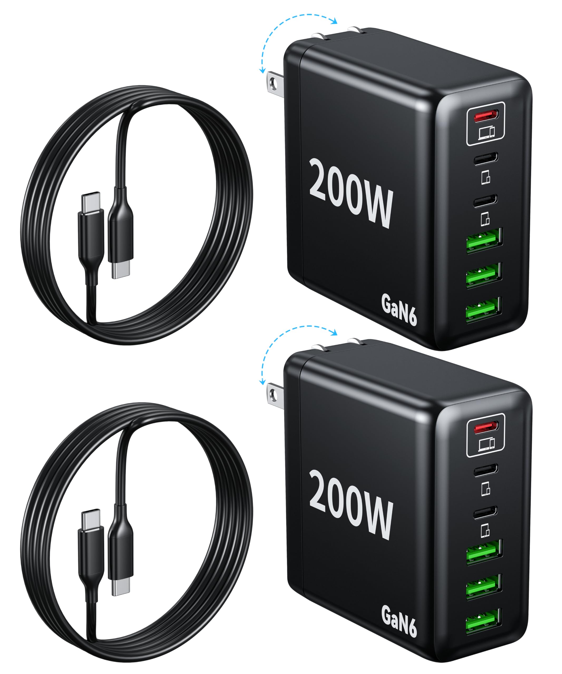 2 Pack USB C Charger Block 200W,6 Port Foldable Fast Charger Type C Charger iPhone 17 16 Fast Charging PD 3.1 Charging Station f