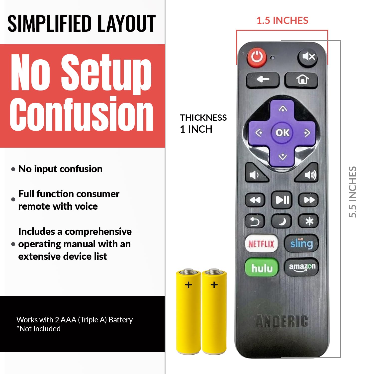 Anderic RRLF16 Remote Control for most Roku TVs such as ONN, Hisense, Philips, TCL, Hiro [RRLF16]