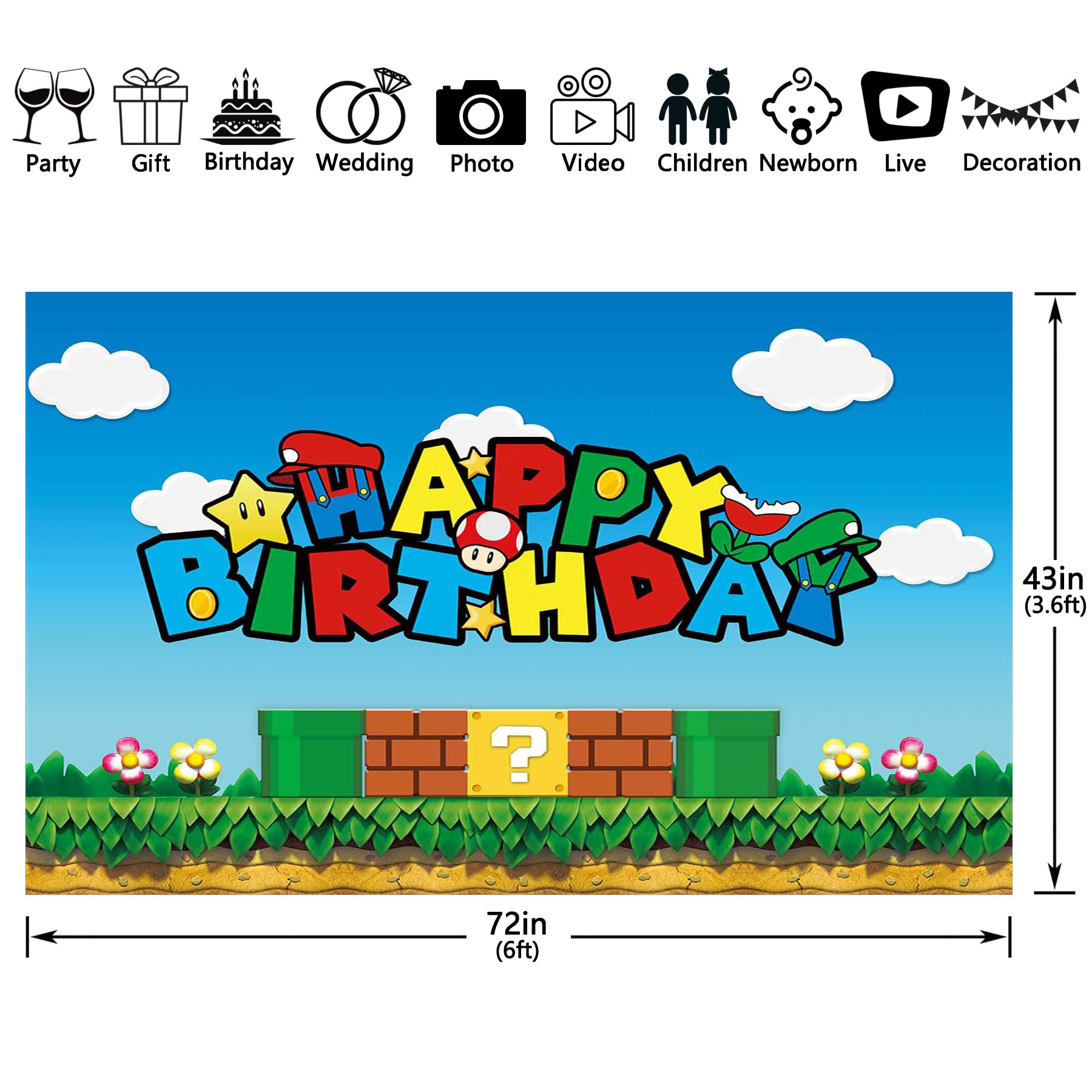 Yriujul 72X43Inch Fabric Birthday Video Game Backdrop Super Brother Adventure Photography Background Cartoon Gold Coin Party Dec