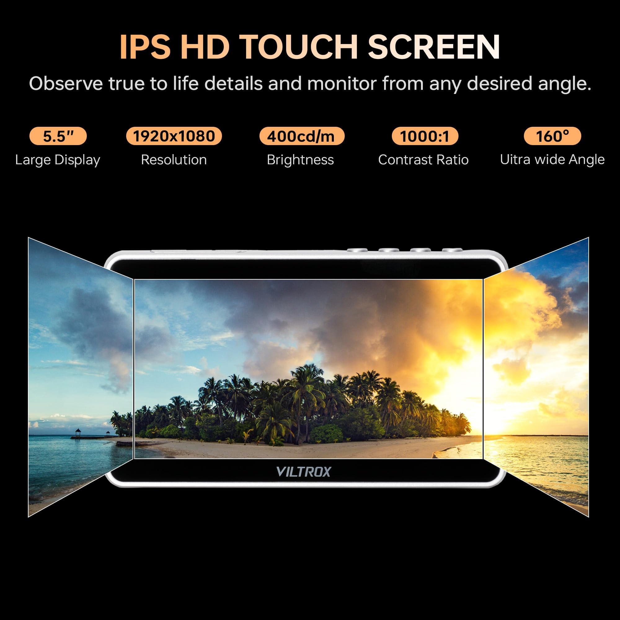Viltrox Dc-V1 5.5 Inch Touchscreen Camera Field Monitor, 4K Hdmi Dslr Camera Monitor With Battery Sunshade Input Output Peaking
