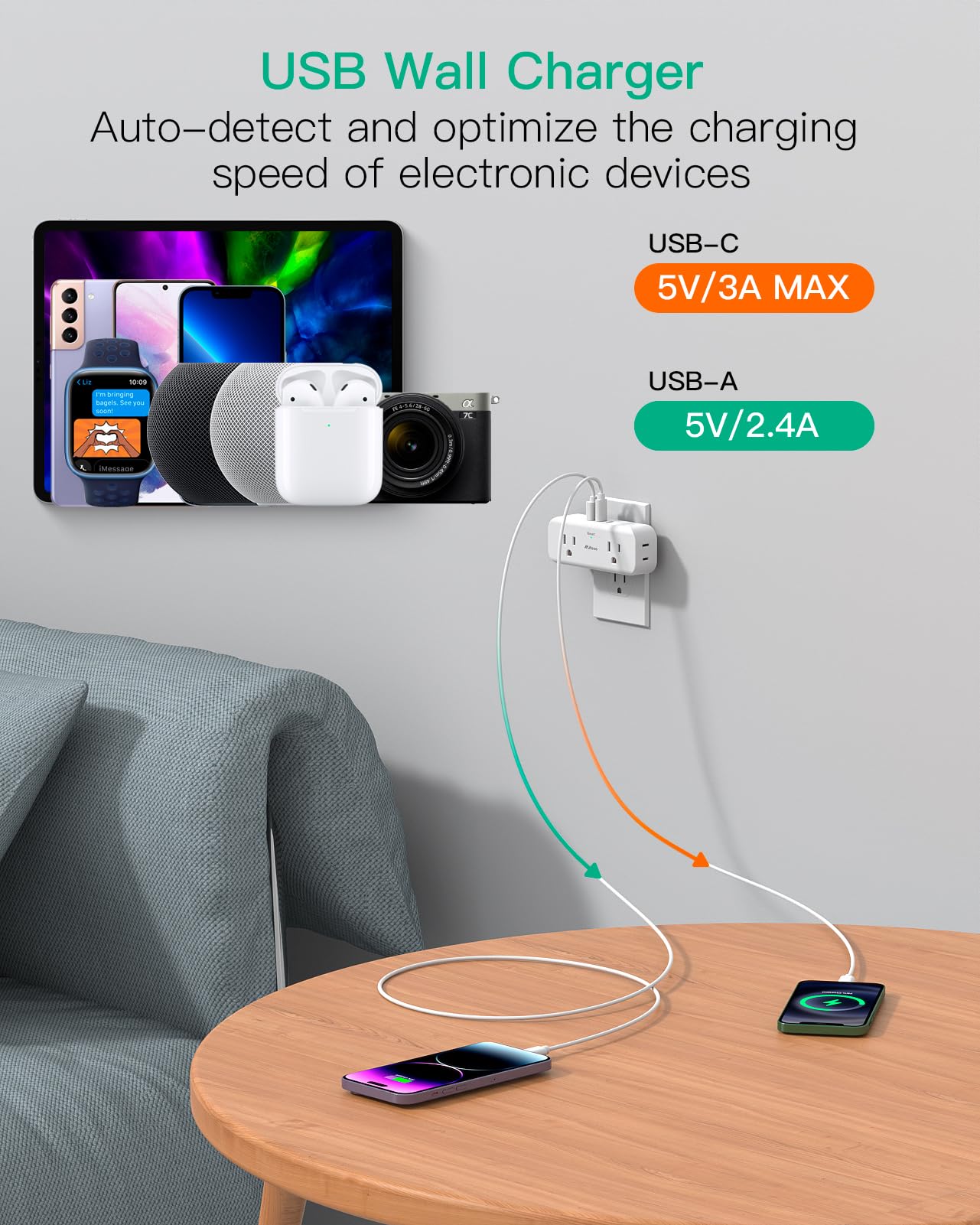 Outlet Extender, 4 Outlet Extension With 1 Usb A 2 Usb C Wall Charger, Multi Plug Outlet Splitter, Electric Wall Outet Expander