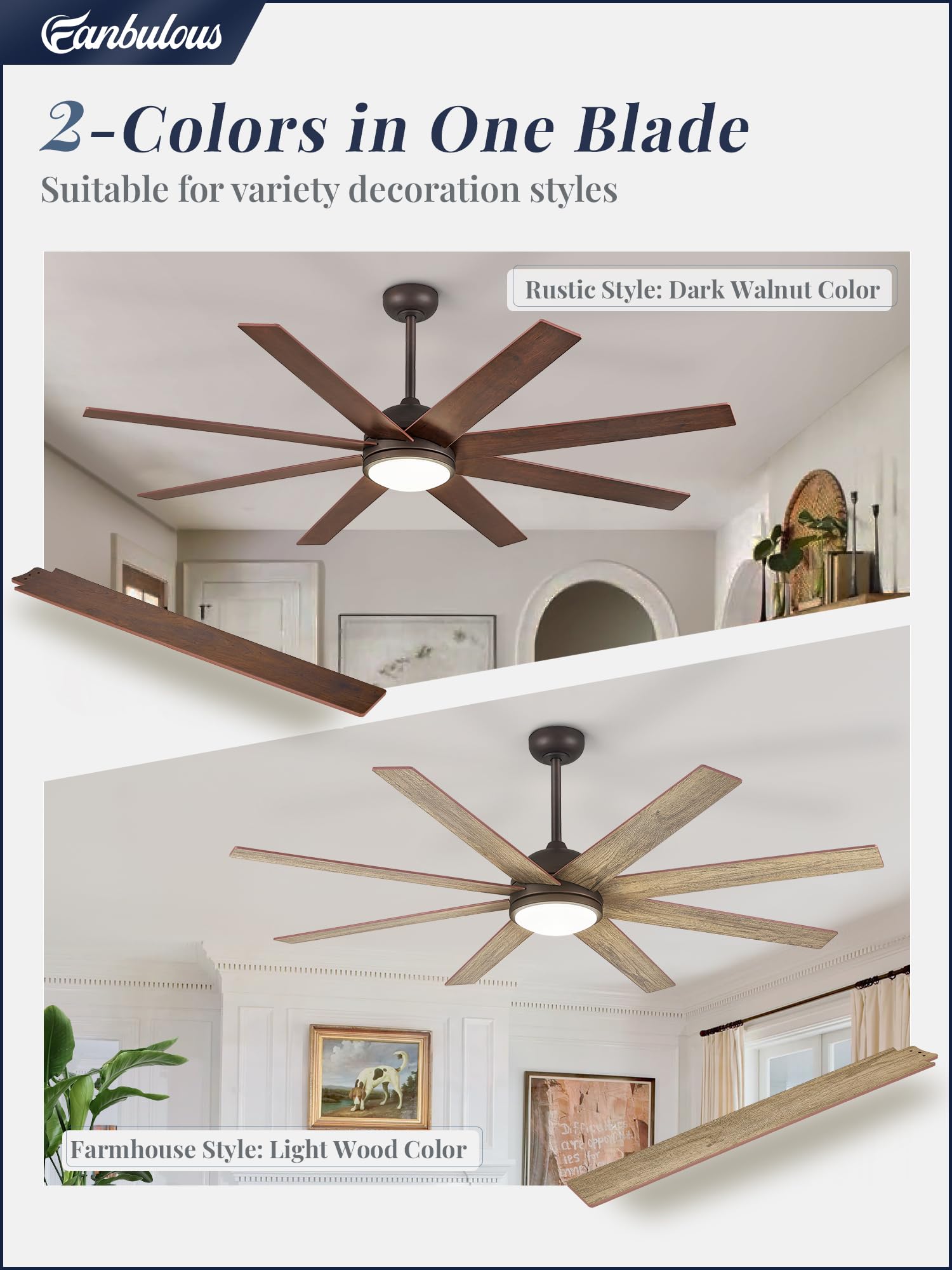 Fanbulous 65 Inch Ceiling Fans With Lights And Remote, Walnut Indoor/Outdoor Ceiling Fan With Quiet Reversible Dc Motor, 6 Speed