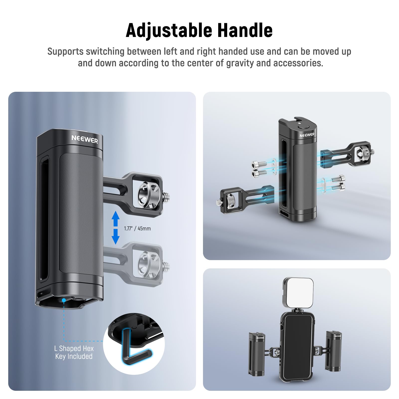 Neewer Side Handle Grip With Wireless Remote Control Button Shutter Trigger For Smartphone Cage Video Rig, 2 Mount Adapters With