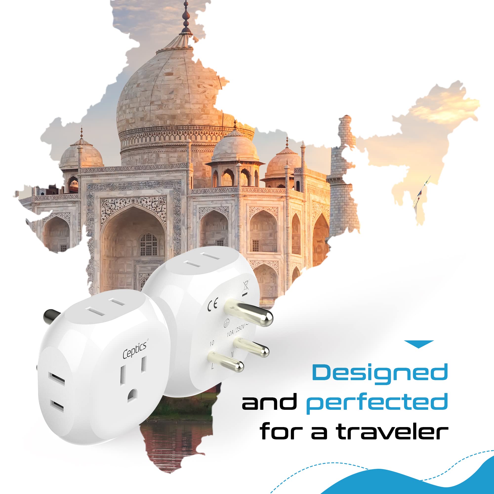 Ceptics India, Pakistan Travel Adapter - 4 Input - Ultra Compact - Light Weight - Usa To Any Type D Countries Such As Bangladesh