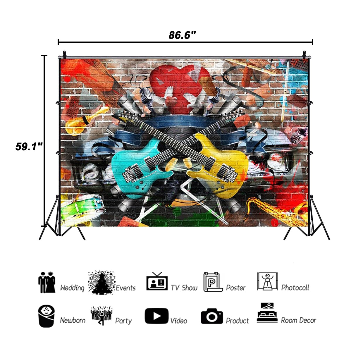 Aofoto 7X5Ft Rock And Roll Music Guitar Backdrop Graffiti Brick Wall Grunge Punk 80S 90S Discos Concert Hip Hop Photography Back