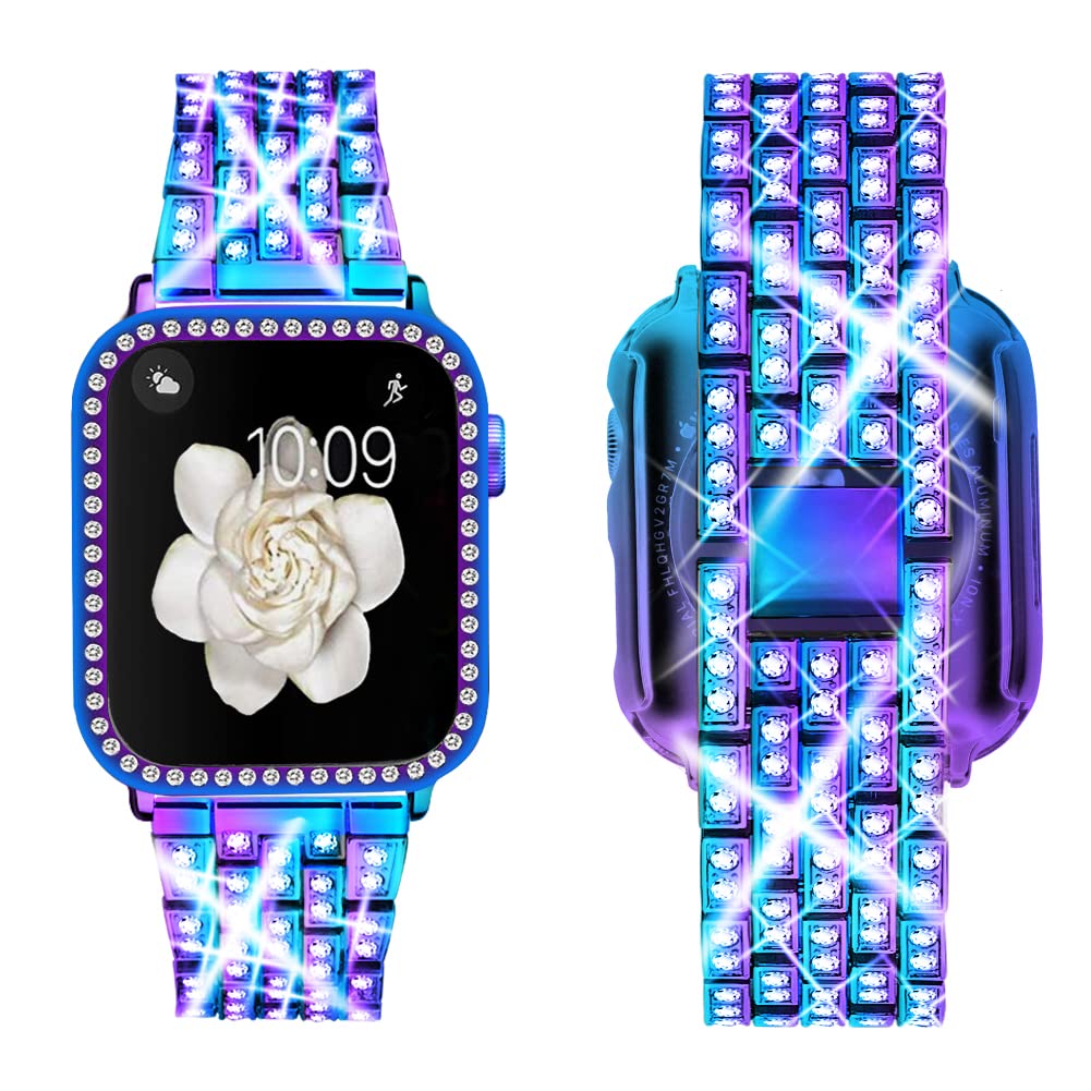 Supoix Compatible With Apple Watch Band 42Mm + Case, Women Jewelry Bling Diamond Replacement Metal Strap & Soft Tpu Bumper Prote