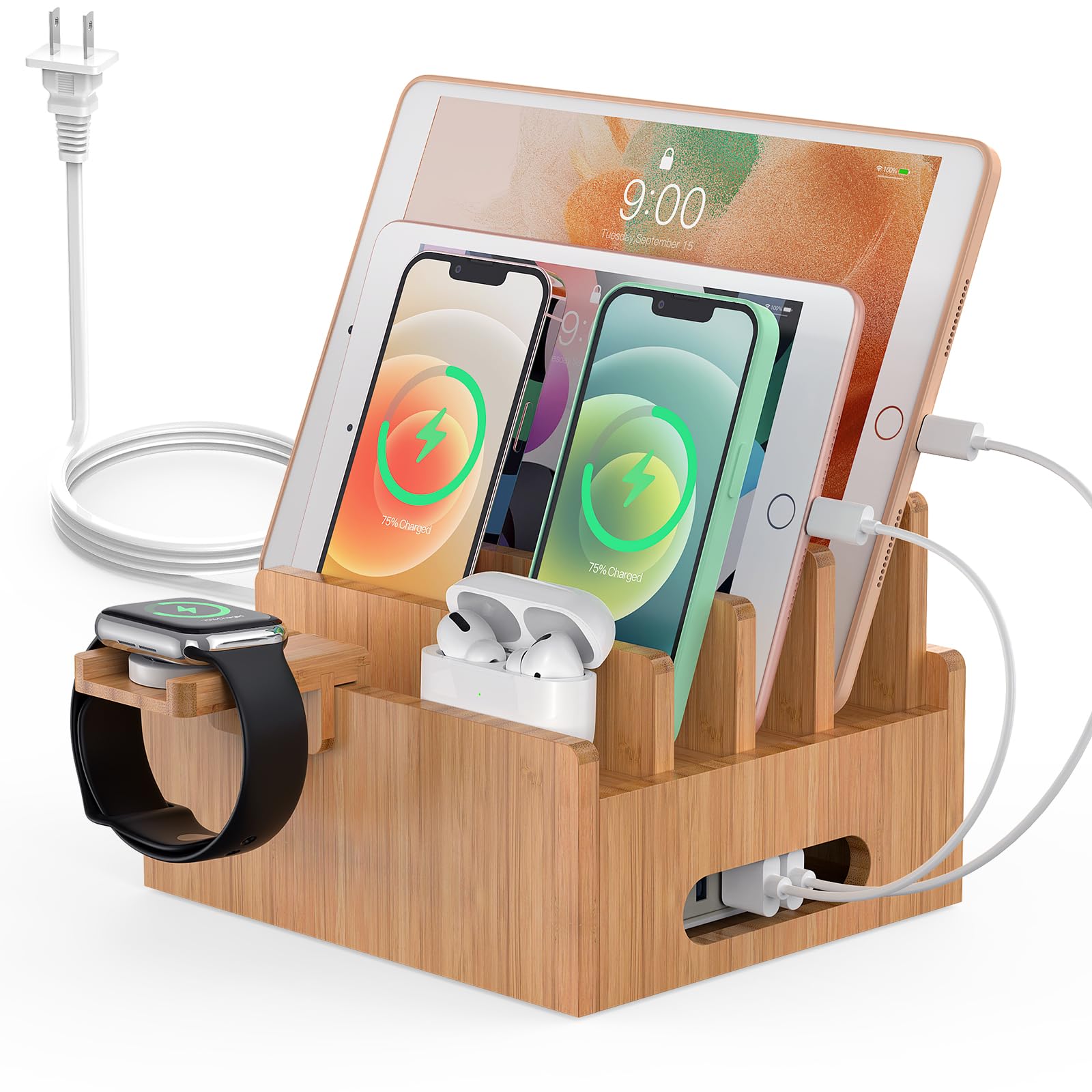 Pezin & Hulin Bamboo Charging Station for Multiple Devices with 5 Port USB Charger, 5 Cables, Smart Watch & Earbuds Stand, Desk 