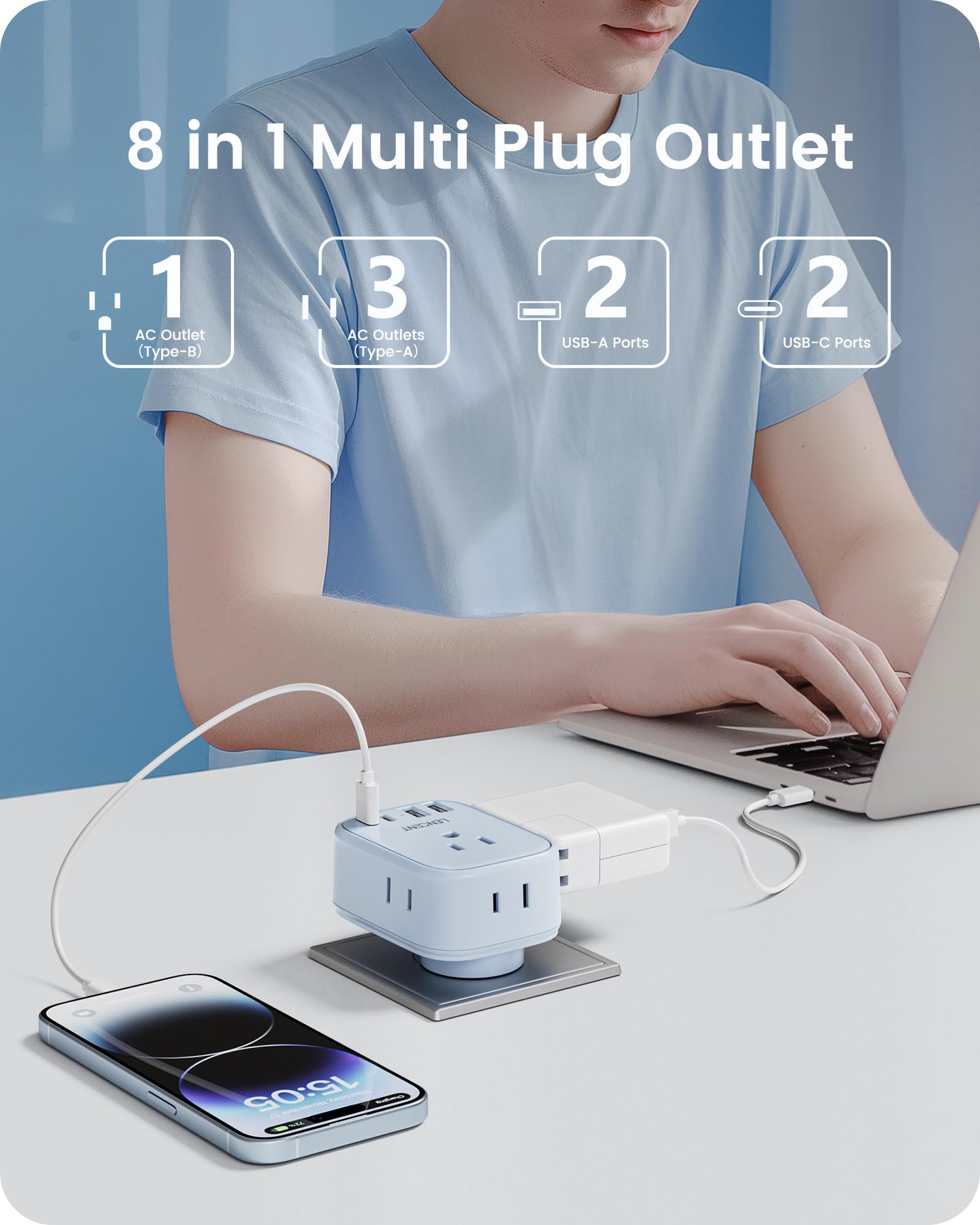 Lencent Multi Plug Outlet Extender With Usb, 4 Ac Electrical Outlet Expander With 4 Usb Charger Cube(2 Usb C), Small Multiple Wa