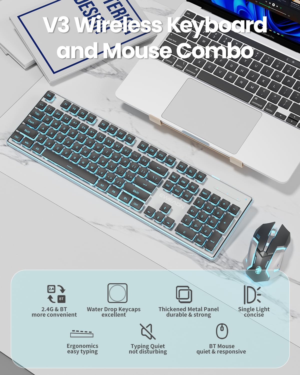 Eweadn V3 Wireless Keyboard And Mouse With Single Backlit, Metal Panel, Bluetooth/2.4G Rechargeable Computer Keyboard And Mouse