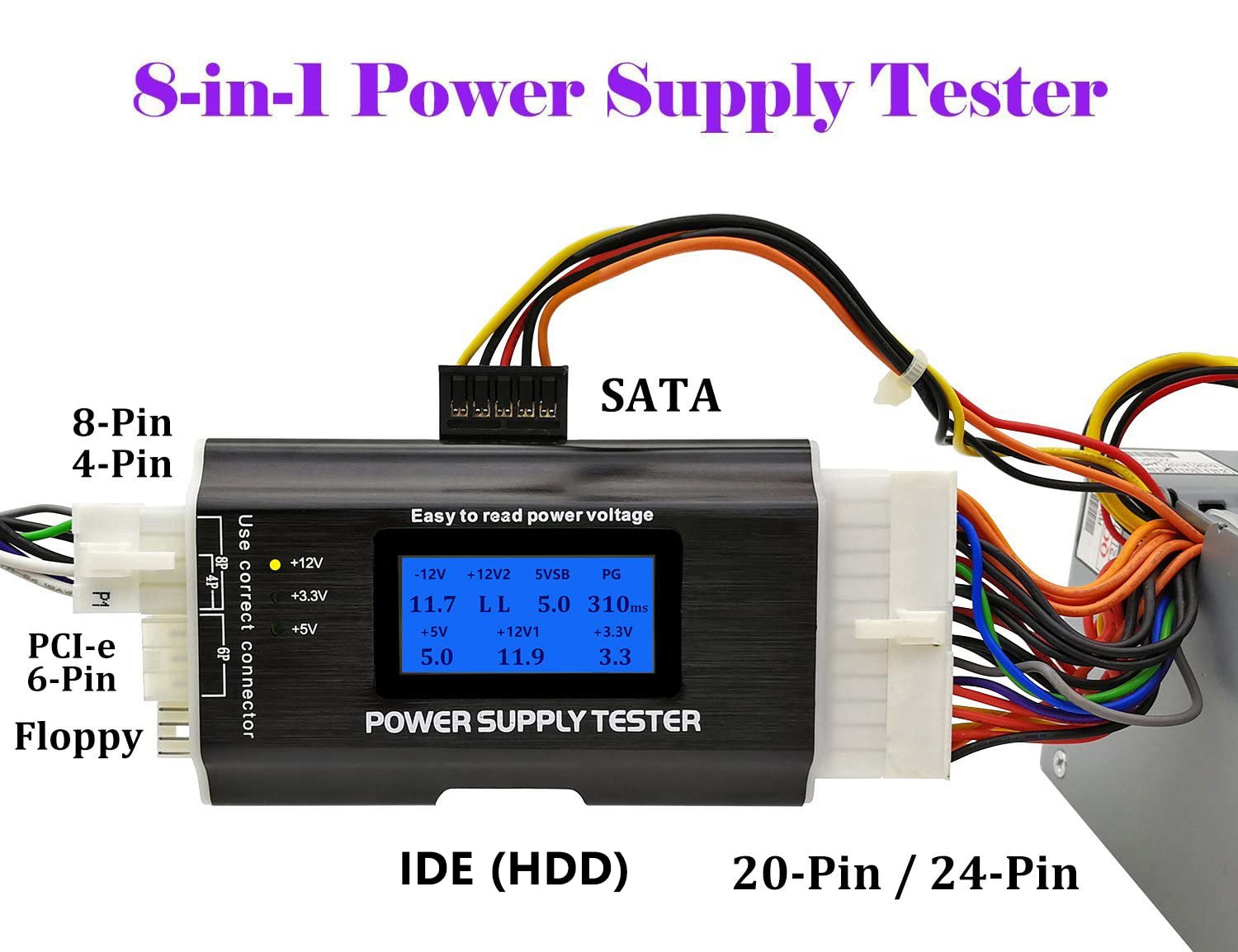 Computer Pc Power Supply Tester, Atx/Itx/Ide/Hdd/Sata/Byi Connectors Power Supply Tester, 1.8'' Lcd Screen (Aluminum Alloy Enclo