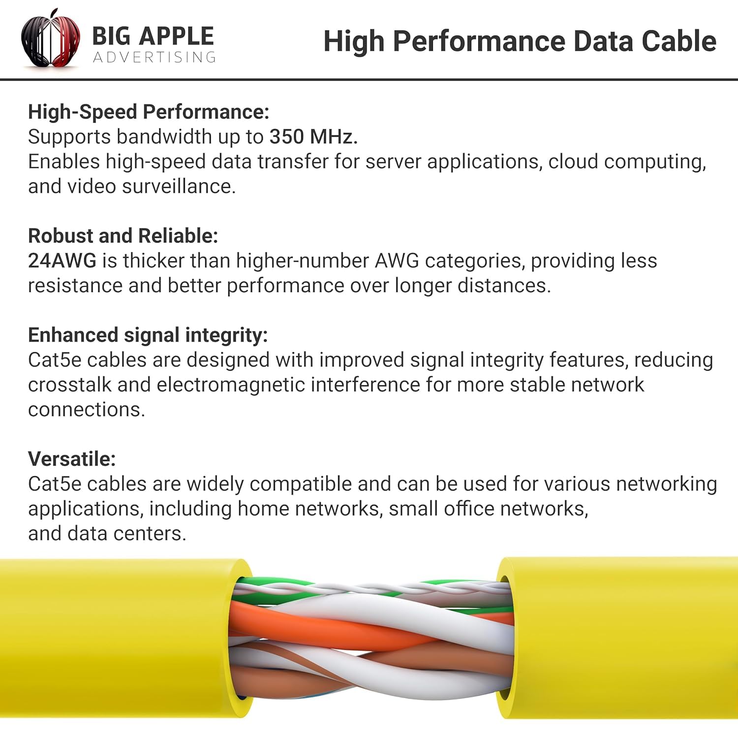Big A   Bulk Cat5E Cable 1000Ft 24Awg Solid 4 Pair Cat5E Ethernet Cable, Unshielded Twisted Pair Utp 350Mhz Internet Cable, Pull