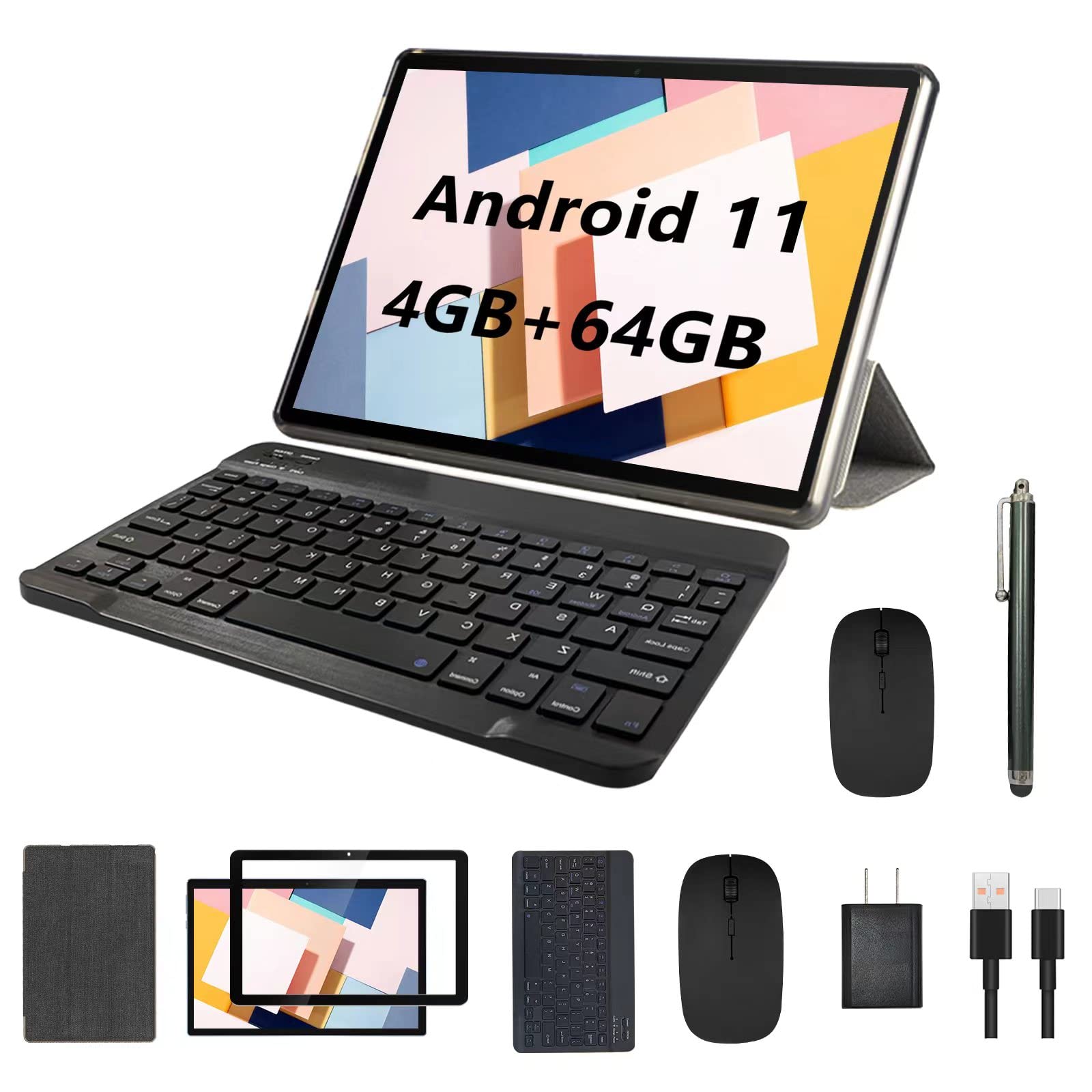 2023 Upgraded 2 in 1 Tablet, Android 11 Tablet 10.1 Inch, Tablet with Keyboard, Mouse, Stylus, Case, Film, 64GB ROM+4GB RAM, 1.8