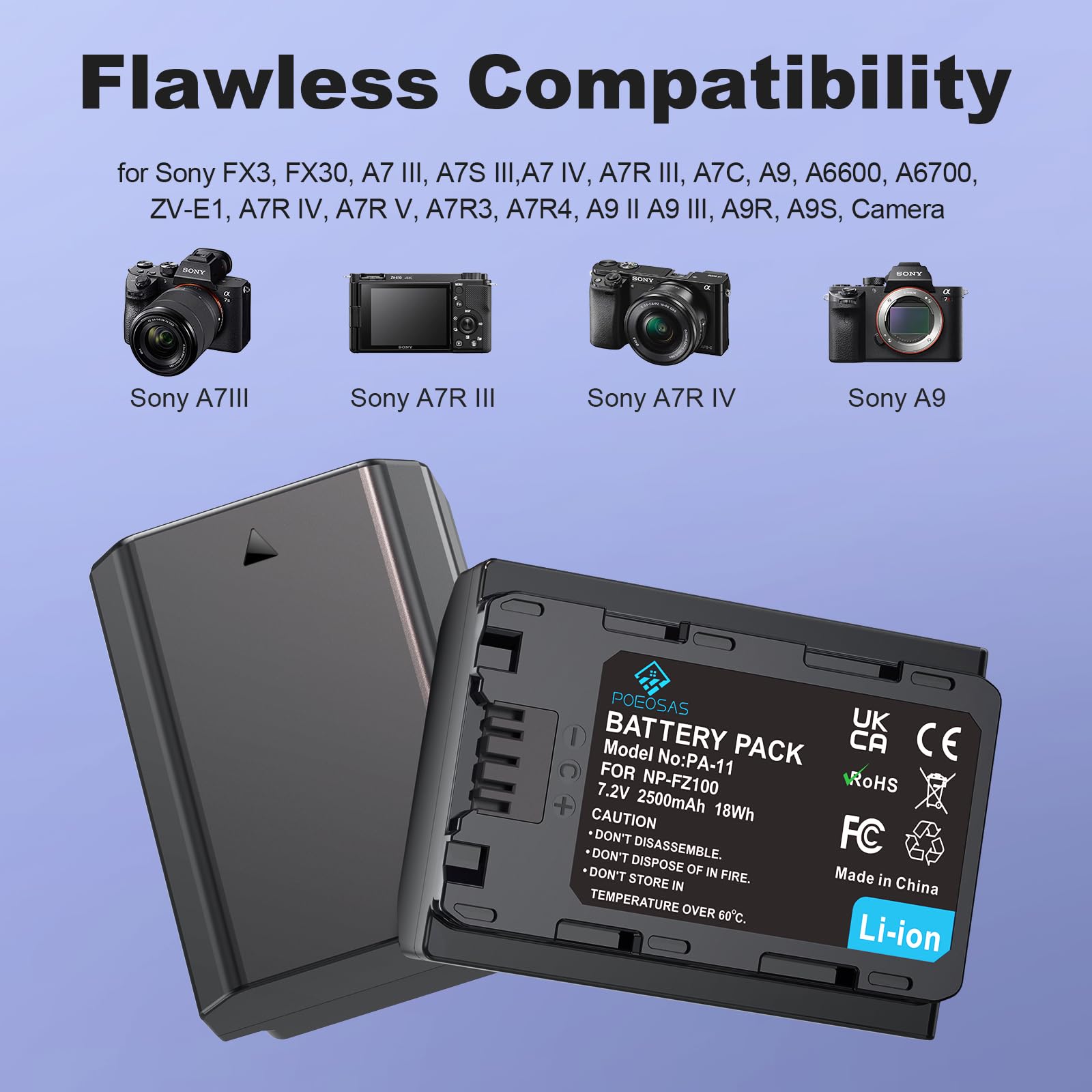 Poeosas 2 Pack Np Fz100 Battery 2500Mah With Type C 20W Fast Dual Charge For Sony A9 Iii Fx3 Fx30 A7 Iii A6600 A7S Iii A7 Iv A7R