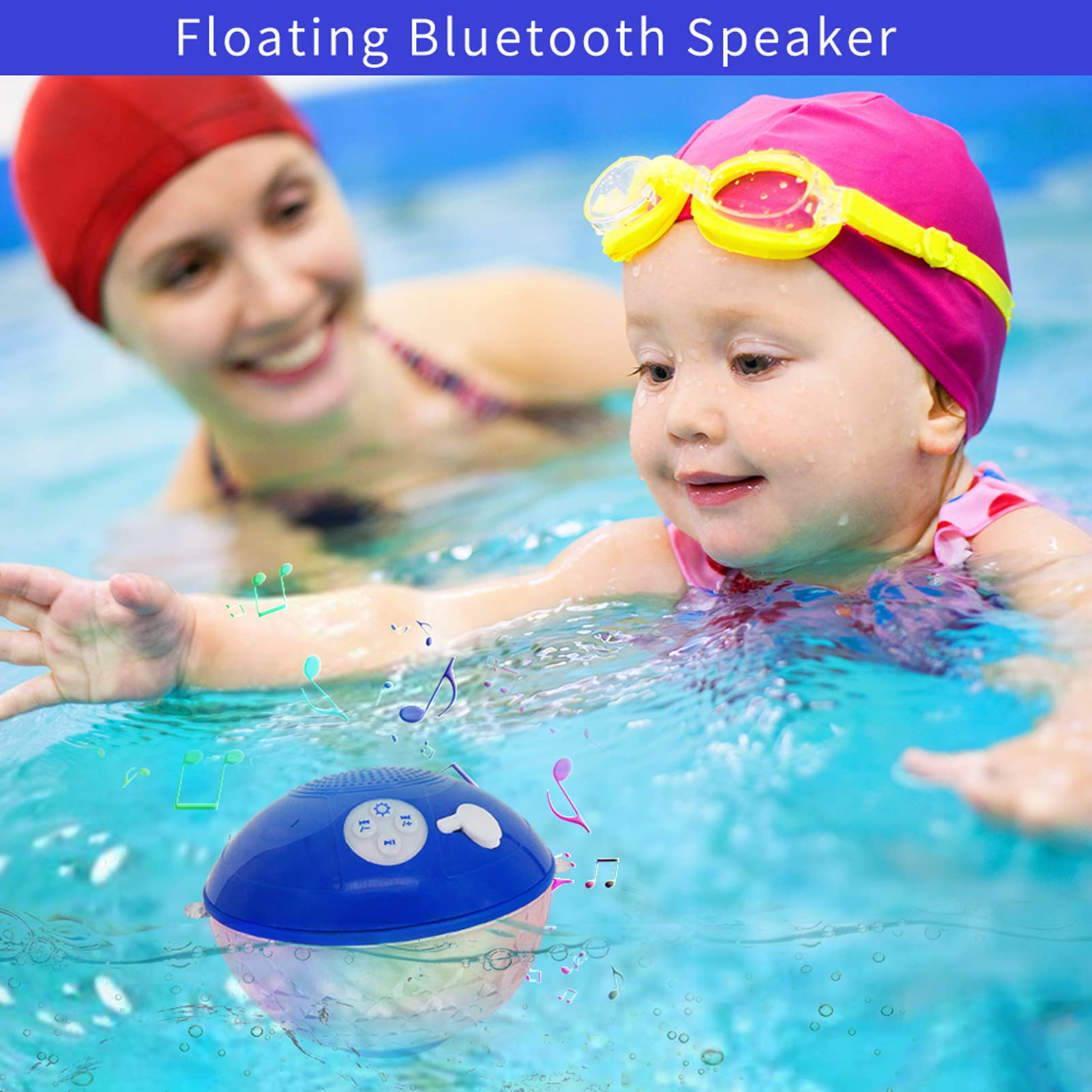 KingSom Bluetooth Pool Speaker - IPX7 Waterproof, Floatable, 5 Portable Wireless Shower Speaker with Colorful Lights & Built-in Mic for Parties
