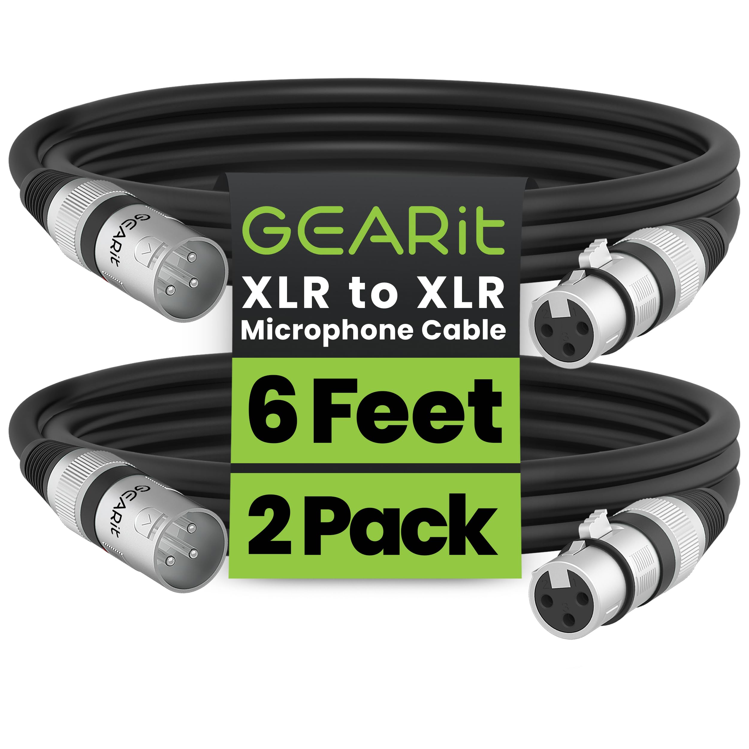 GEARit XLR Male to Female Microphone Cable (6 Feet, 2-Pack) 3-Pin Balanced Shielded Mixer, Recording Studio, Podcast - Black