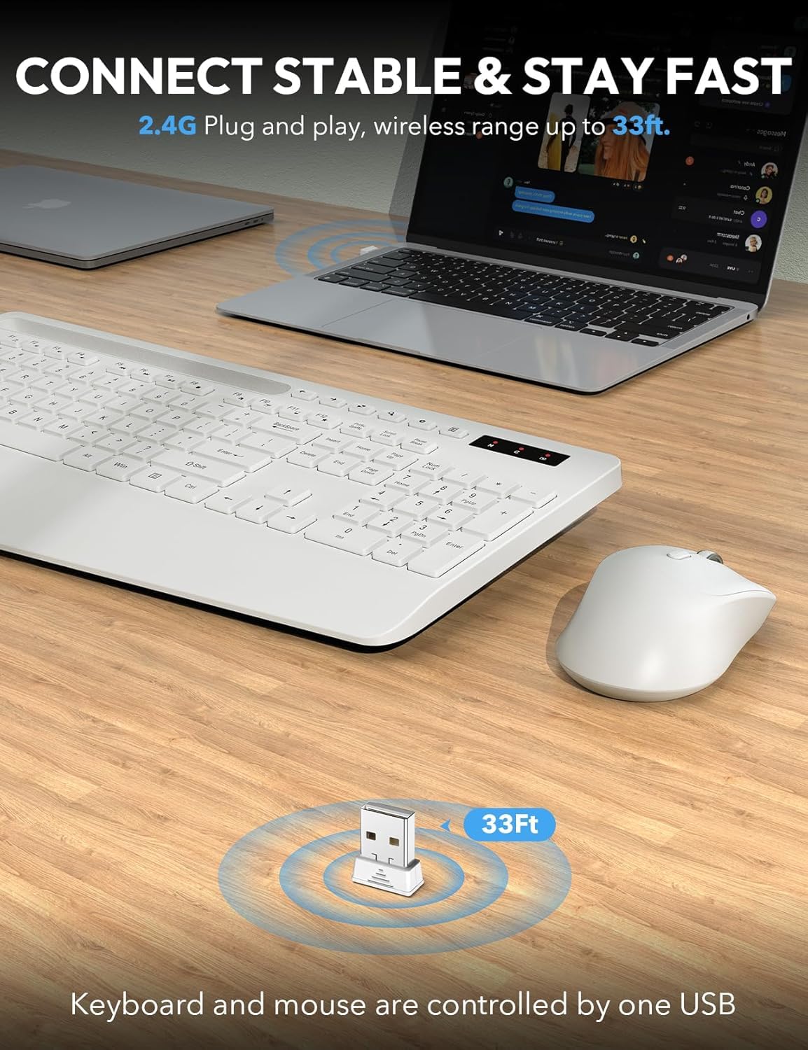 Sablute Wireless Keyboard And Mouse, Wrist Rest, Phone Holder, Batteries Included, 2.4G Lag-Free Ergonomic Keyboards Mouse Combo