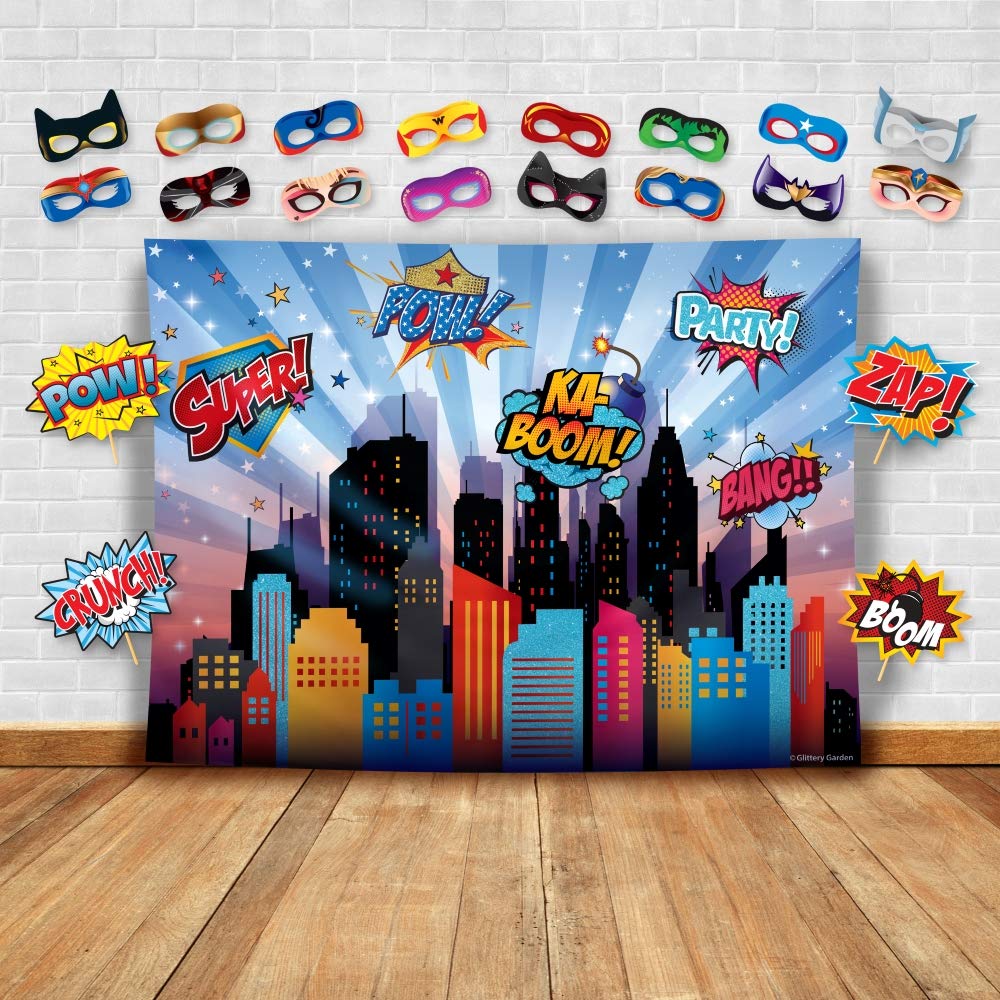 Wonder Woman And Other Superheroes Cityscape Photography Backdrop, Studio Props & Mask. Great As Super Hero City Photo Booth Bac