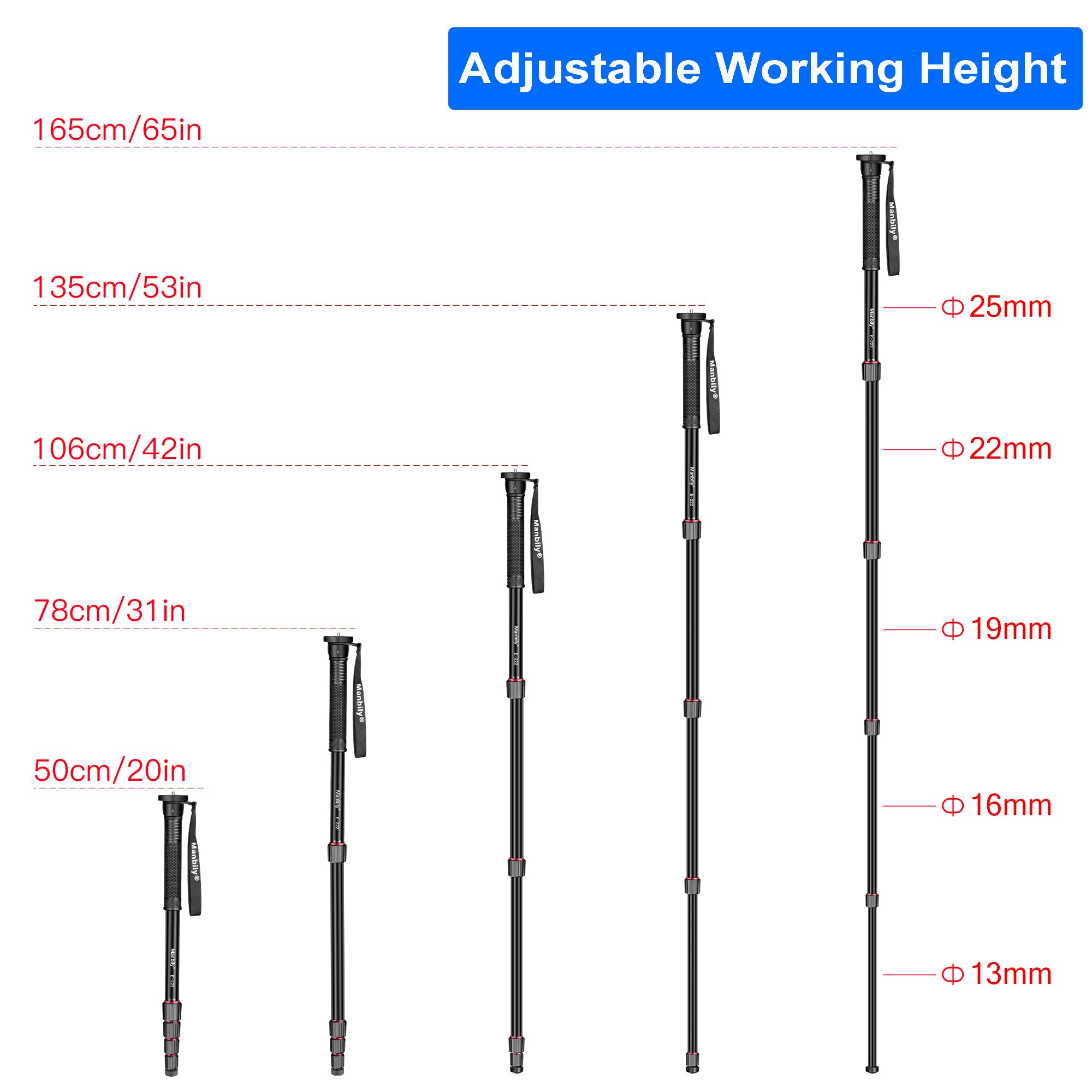 Manbily 65 Inch Camera Monopod, 5 Sections Aluminum Travel Monopod For Canon Nikon Sony Dslr Cameras Video Camcorder, Compact Portable Monopod Lightweight Walking Trekking Stick(E 222)