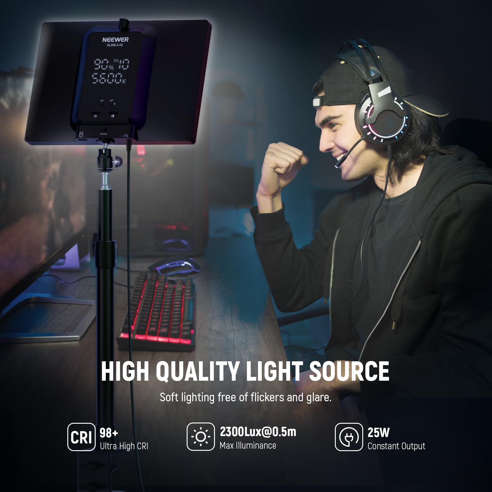 Neewer Gl25B 12.9'' Streaming Key Light, 2.4G Rt100 Remote & Pc/Mac App Control 25W 2300Lux/0.5M 2900K 7000K Cri98+ Dimmable Edg