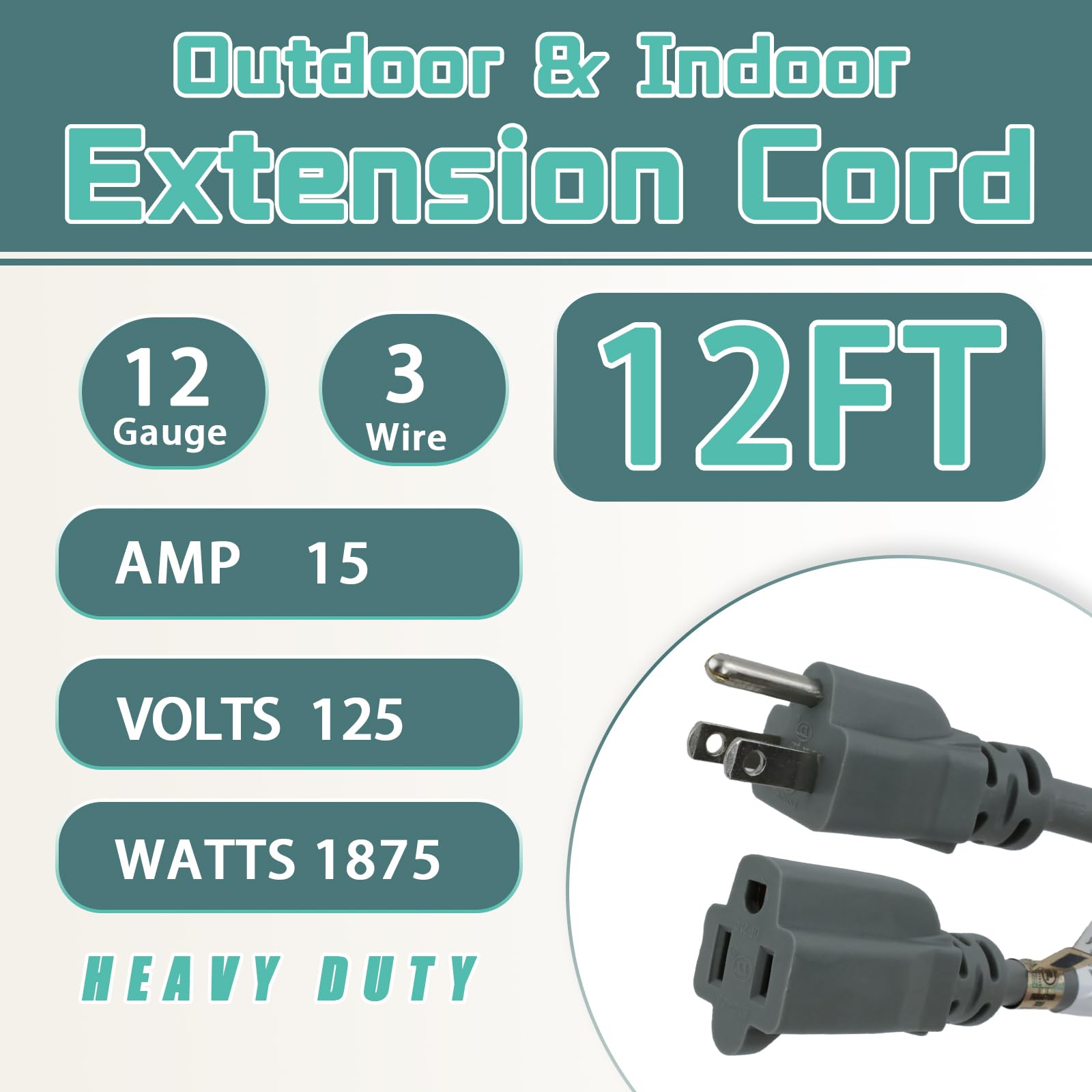 Greatide 12 Ft Outdoor Extension Cord   12/3 Sjtw Heavy Duty Grey Extension Cable With 3 Prong Grounded Plug   Power Cord For La