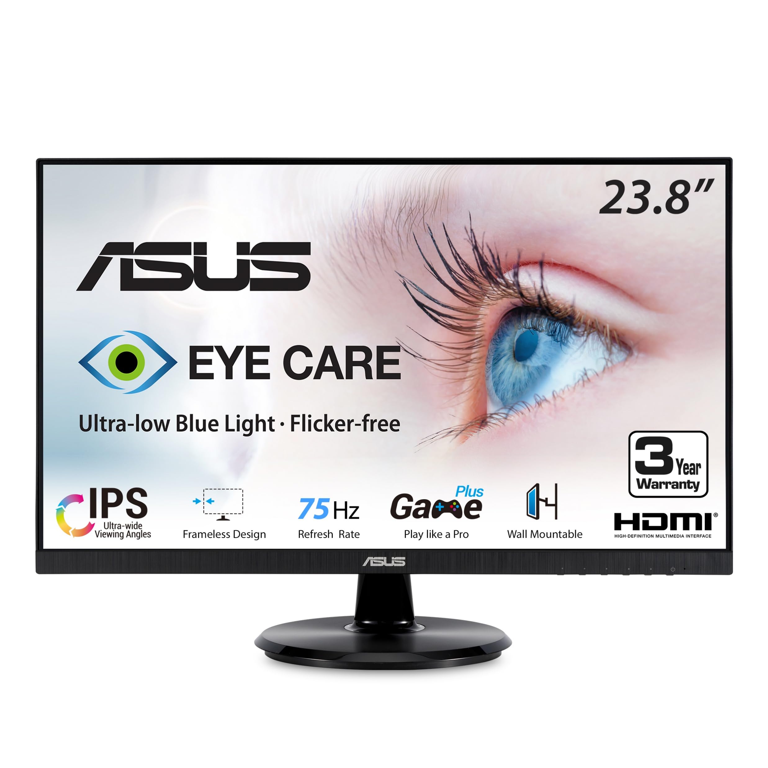 ASUS VA24DQ 23.8    Monitor, 1080P Full HD, 75Hz, IPS, Adaptive-Sync/FreeSync, Eye Care, HDMI DisplayPort VGA, Frameless, VESA W