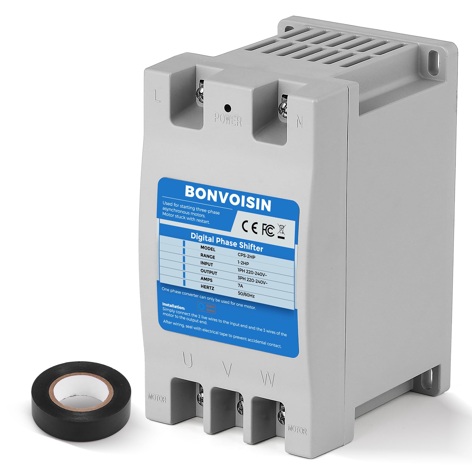 Bonvoisin Single To 3 Phase Converter 2Hp(1.5Kw) Digital Phase Shifter, 7A 220V 240V Input/Output, One Converter For One Motor