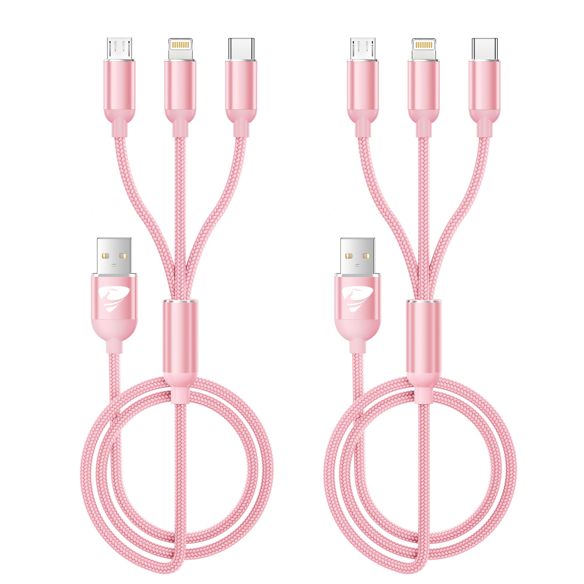 Aioneus Multi Charging Cable, 2Pack 4Ft Multi Charger Cable Universal 3 In 1 Charging Cord Nylon Braided Multiple Usb Adapter With Type C, Micro Usb Port Connectors For Cell Phones And More (Pink)