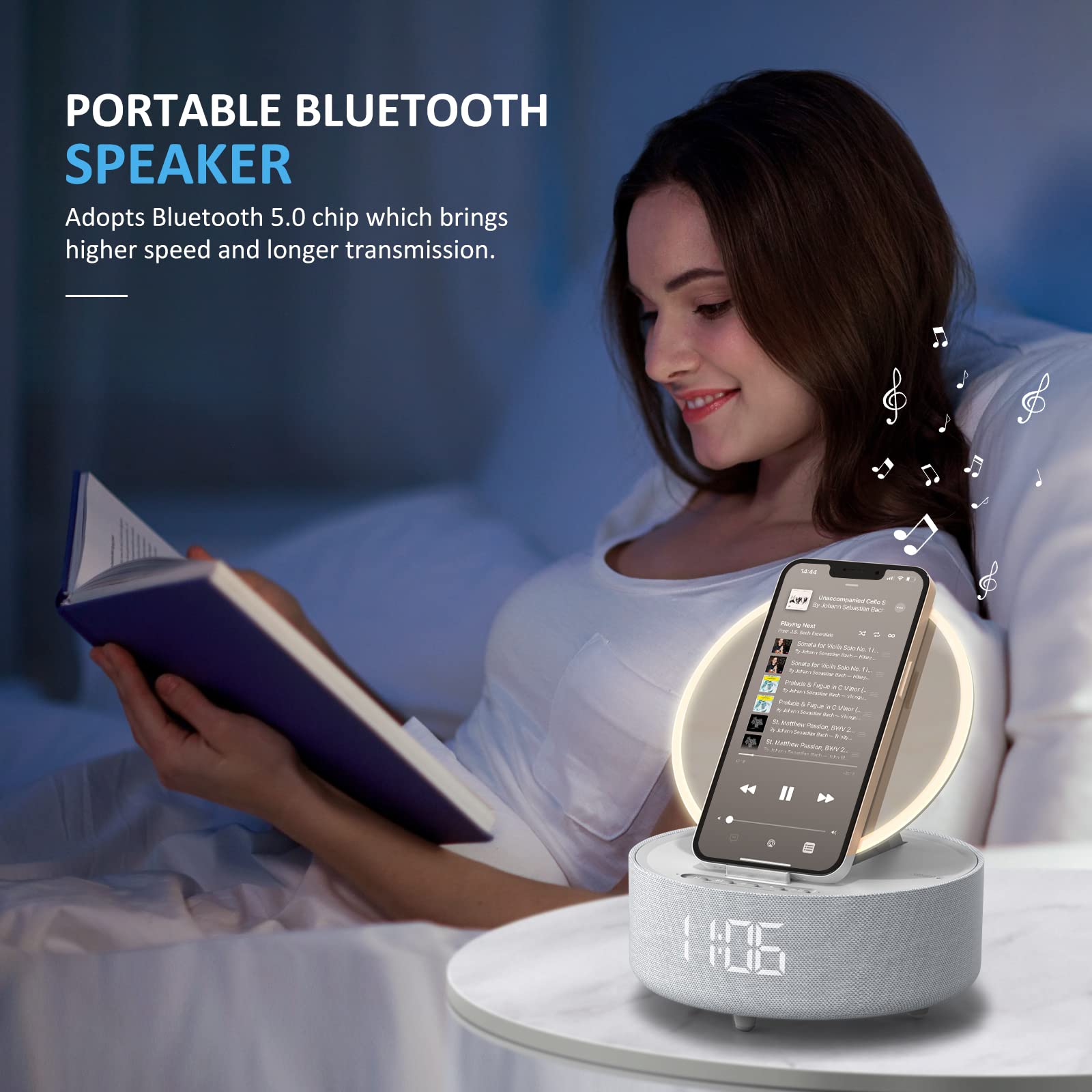 Bluetooth Speaker With Led Light Makeup Mirror, Wireless Charging Station For Iphone/Samsung, Stylish Multifunctional Automatic Clock Bedside Lamp Ideal For Home, Bedroom, Office & Gift