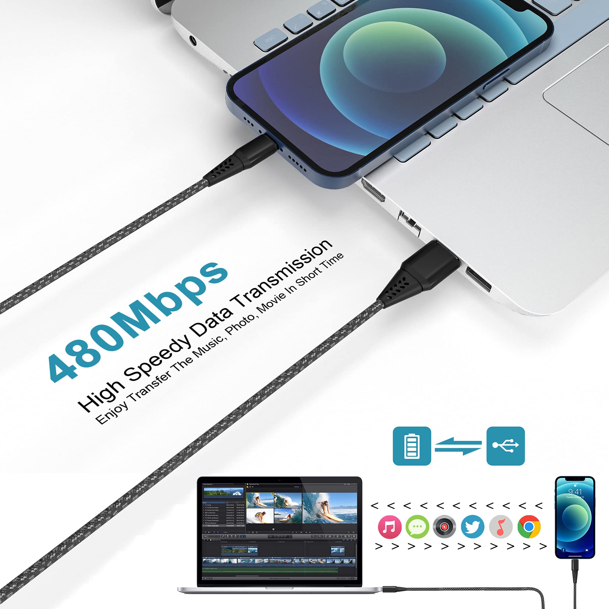 Long Iphone Charger Cord 20Ft (6M) [Apple Mfi Certified] Extra Long Iphone Cable Fast Apple Charger Cable Nylon Braided Usb Lightning Cable 2.4A For Iphone 14 13 12 Pro Mini 11 Pro X