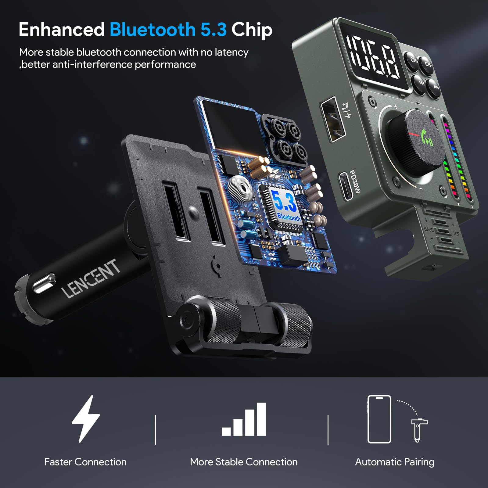 Lencent Fm Bluetooth 5.3 Transmitter For Car, Adjustable Treble And Bass Sound Music Player, Bluetooth Car Adapter For Hands Fre