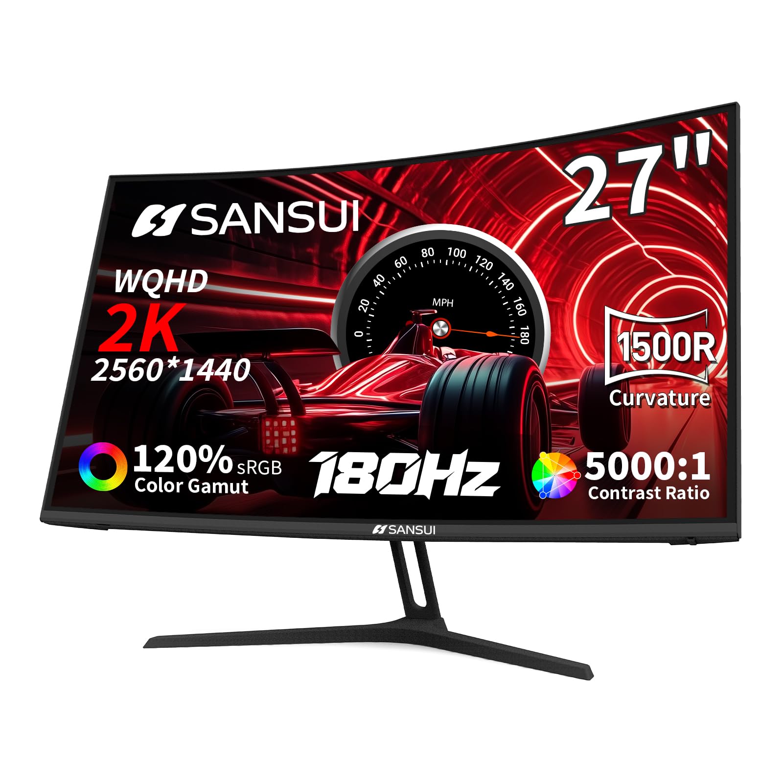 SANSUI 27 Inch WQHD 2560X1440 Curved Gaming Monitor, 180Hz MPRT 1ms Computer Monitor,HDMI2.0 * 2, DP1.2 * 2, Freesync, Curved 15