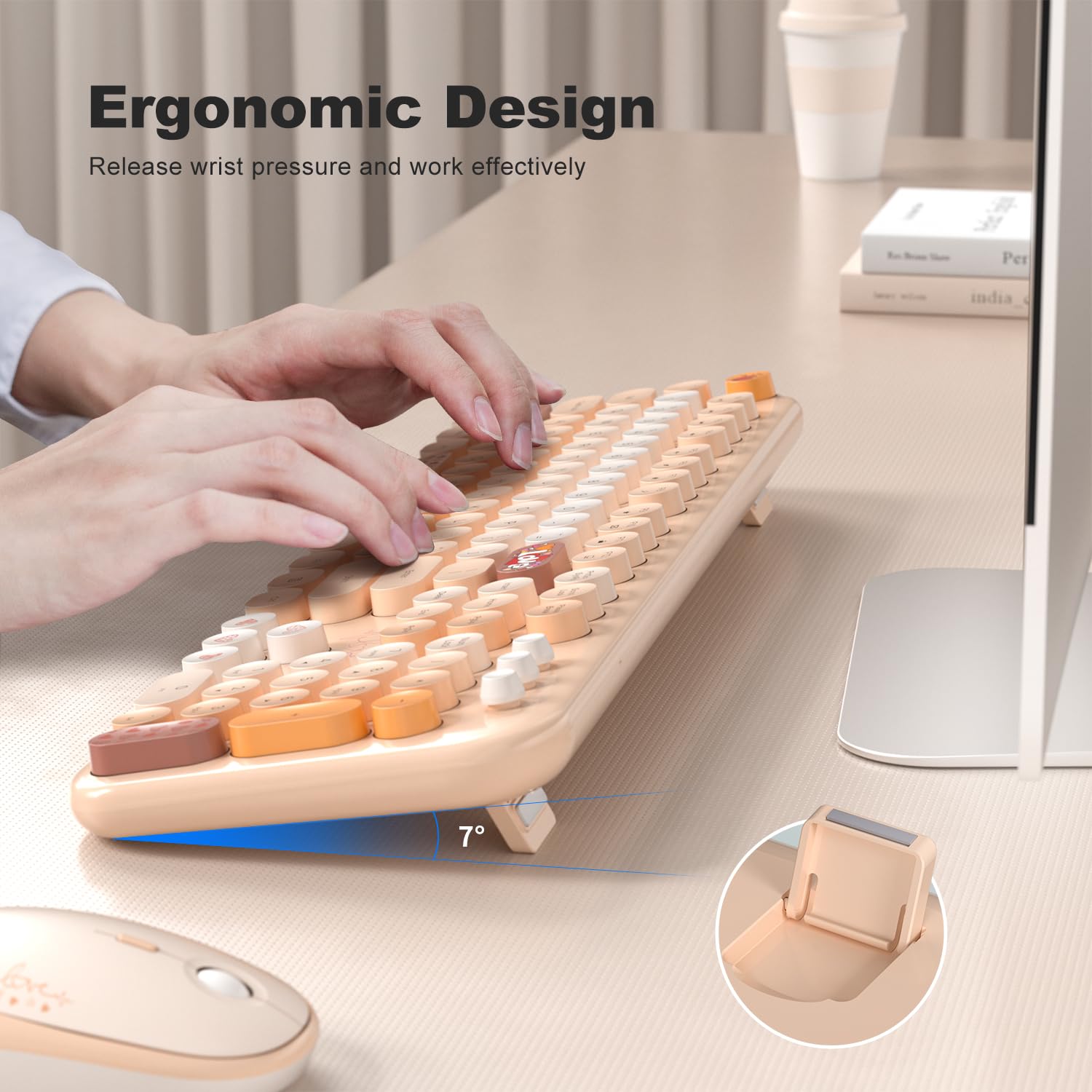 Mofii Wireless Keyboard And Mouse Combo   Pale Coffee Full Sized Plug And Play Colorful Computer Keyboards   104 Keys Round Keyc