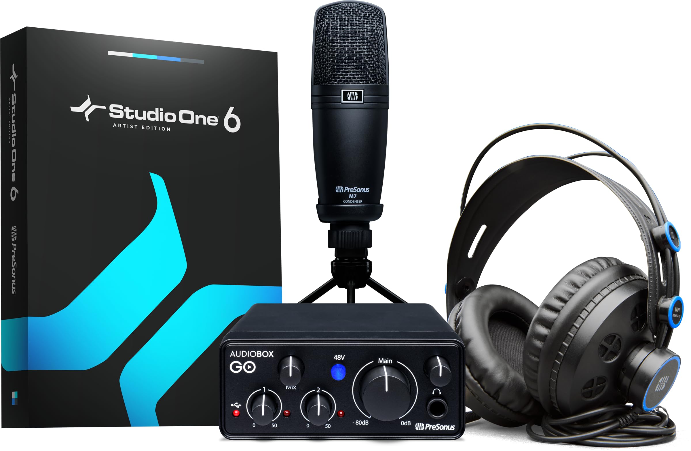 PreSonus AudioBox Go Creator Complete Studio Recording Bundle with USB Audio 96K Interface, Condenser Microphone, Professional M