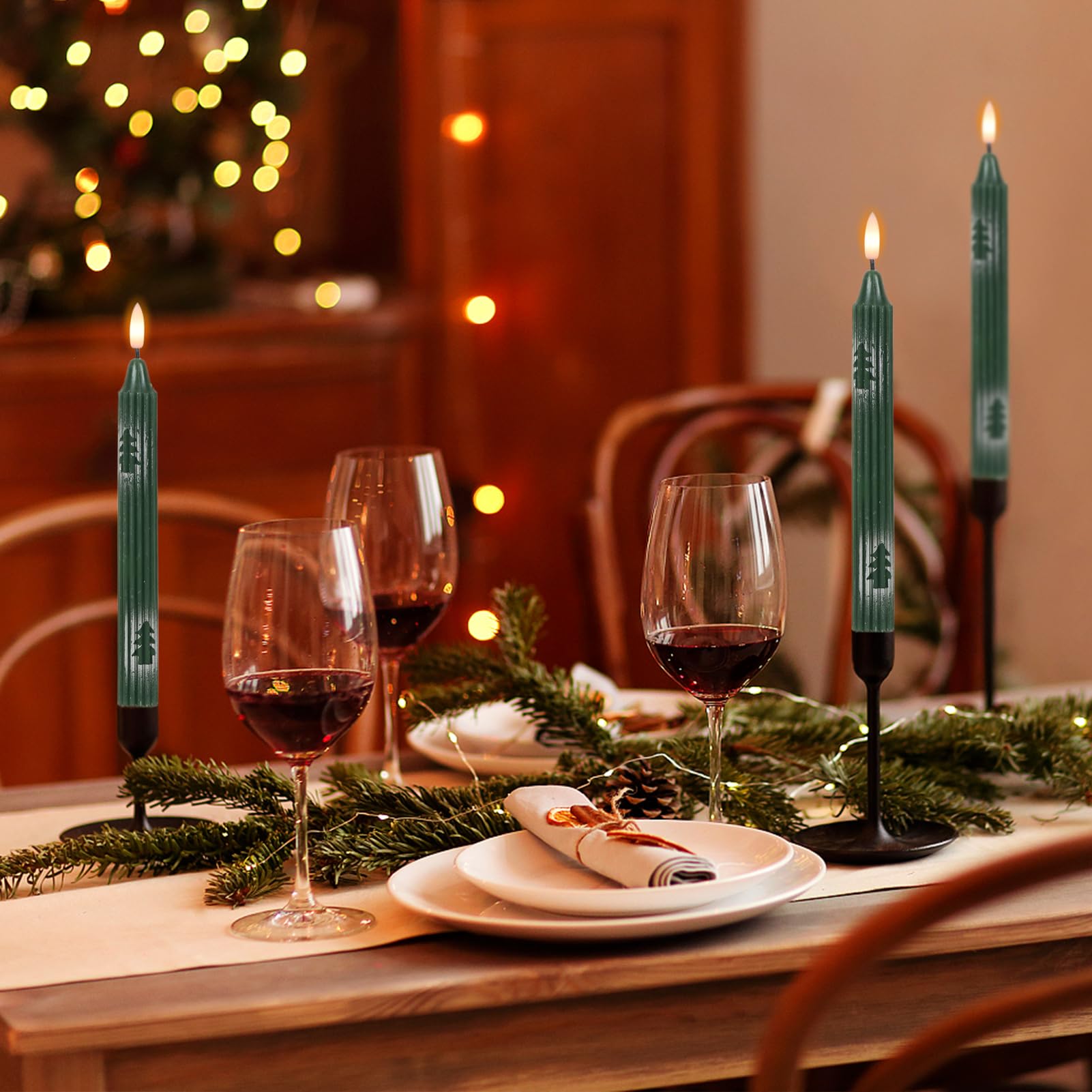 Kunswenn Christmas Flameless Candlesticks, Green Flameless Taper Candles With Remote Timer, 6 Pack Led Tall Candlesticks Battery