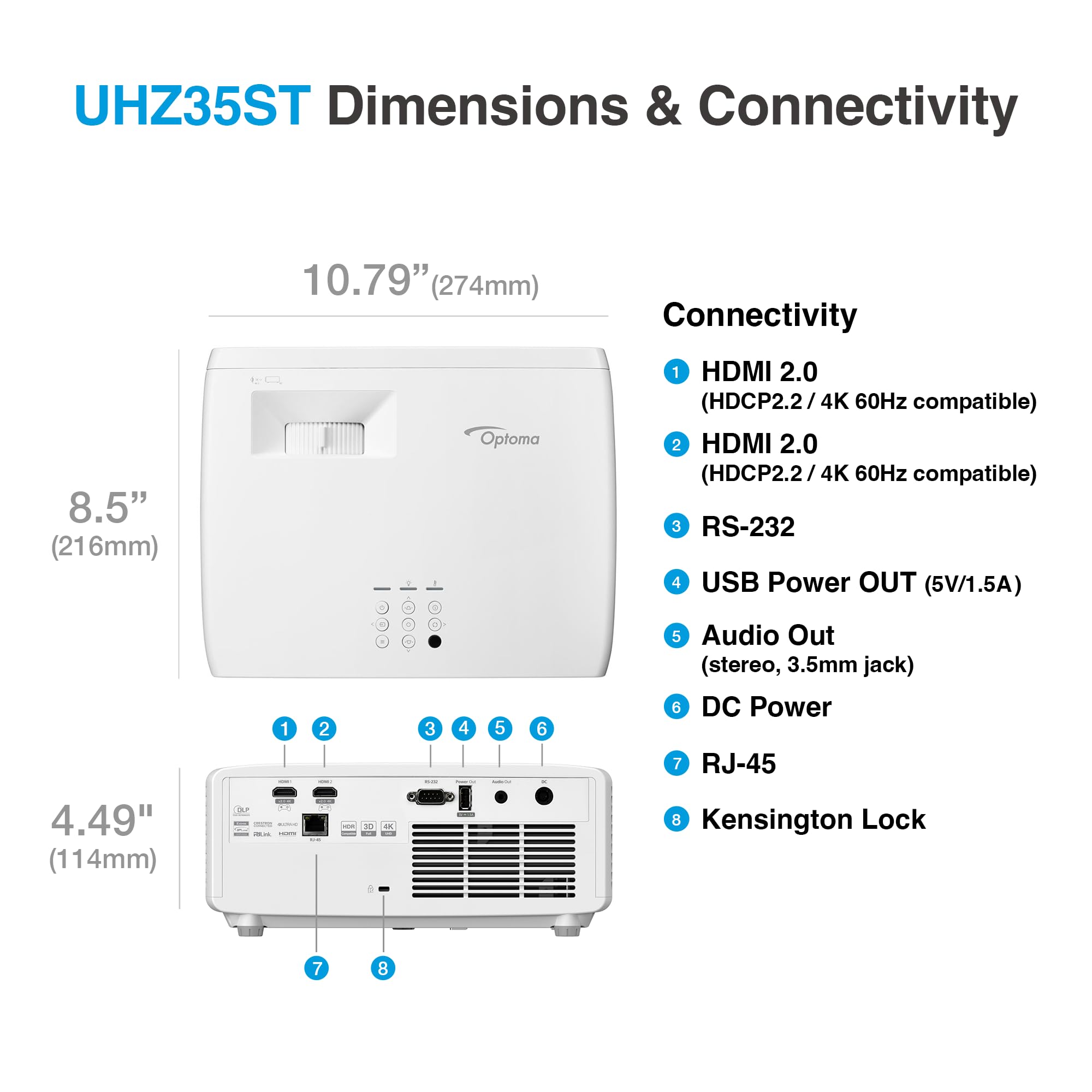 Optoma Uhz35St Compact Short Throw Laser Home Theater And Gaming Projector, 4K Uhd Laser, High Bright 3,500 Lumens