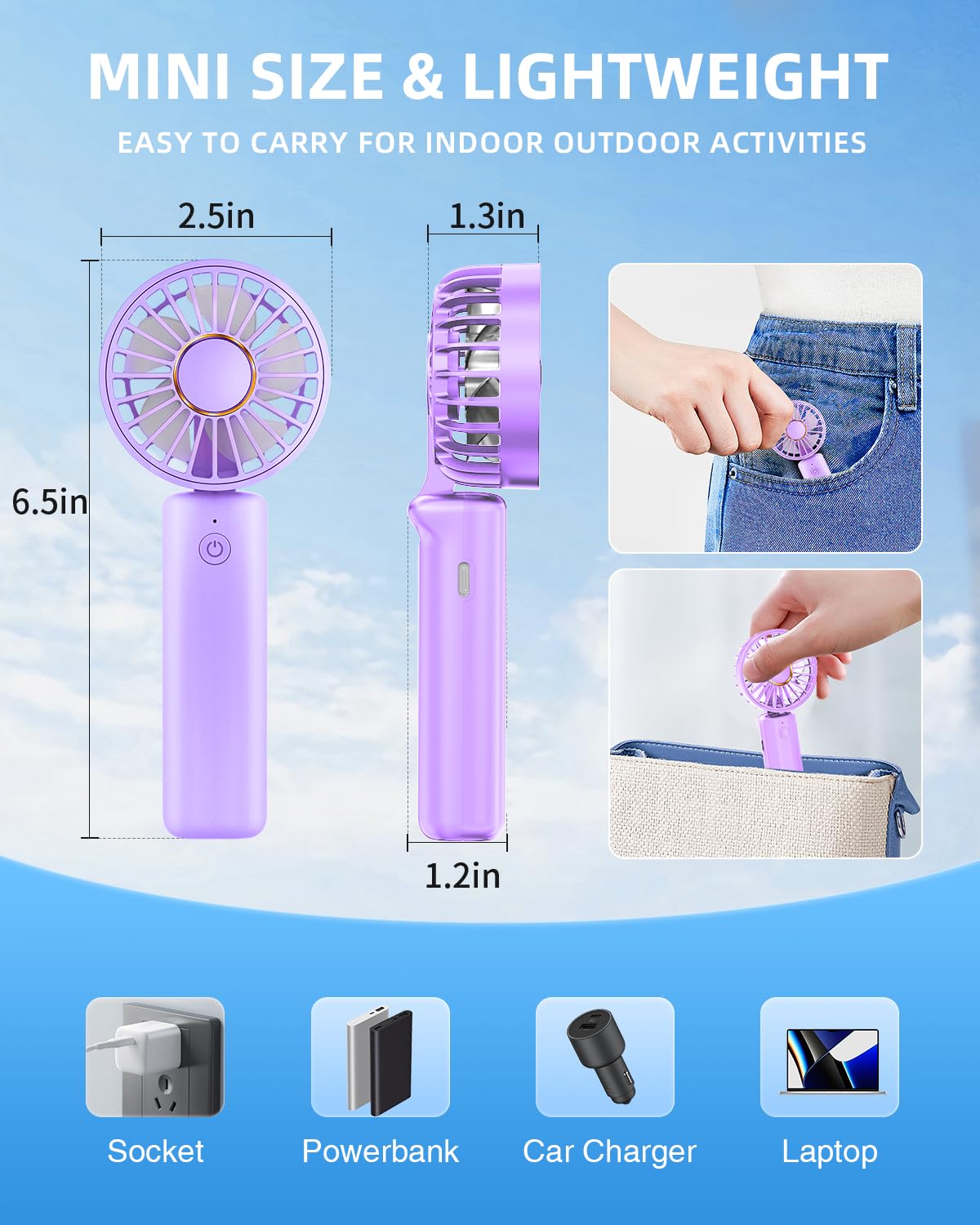 Hssio Mini Handheld Fan, Portable Hand Fan Electric Battery Operated 180 Ratotion, 3 Speeds, 2000Mah Usb Personal Fans Rechargea