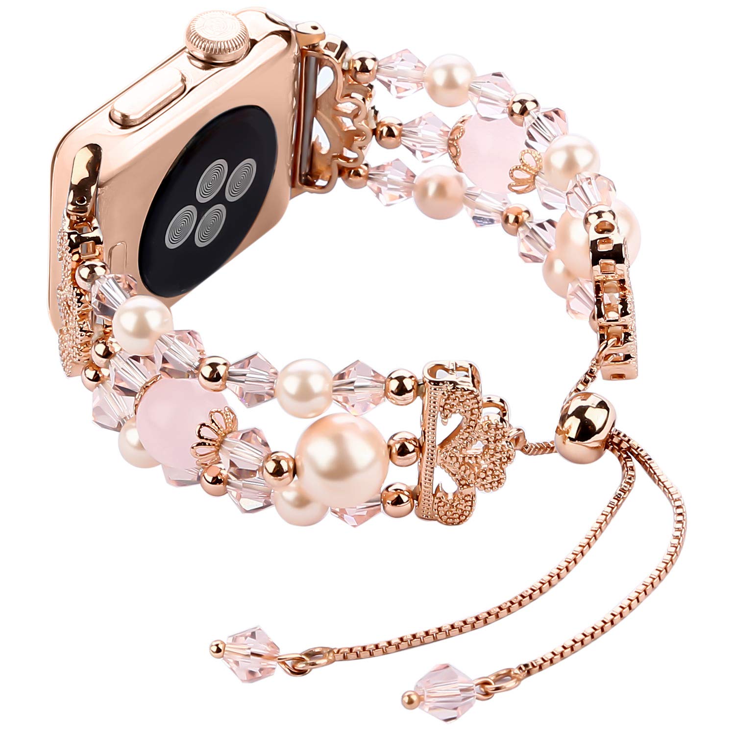 Fohuas Compatible Apple Watch Bracelet Band Beaded 42Mm 44Mm 45Mm 49Mm, Crystal Pearl Iwatch Band,Women Girl Adjustable Jewelry