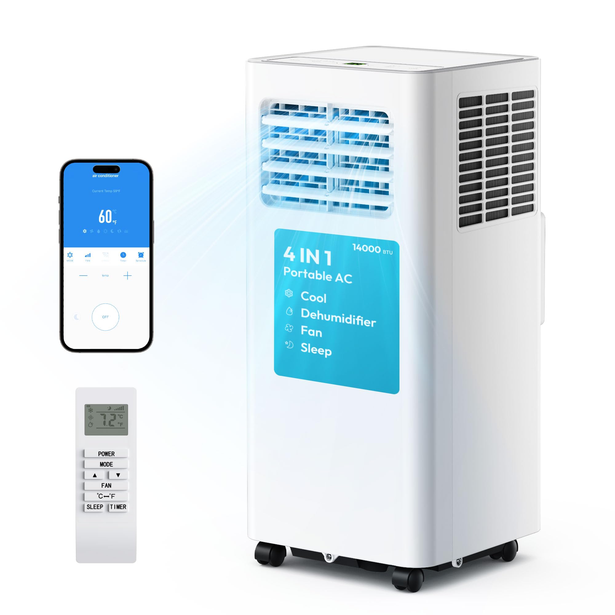 EUHOMY Portable Air Conditioners 14,000 BTU, 4-in-1 Portable Air Conditioner for Rooms Up to 650 Sq.Ft. with Cool, Fan, Dehumidi