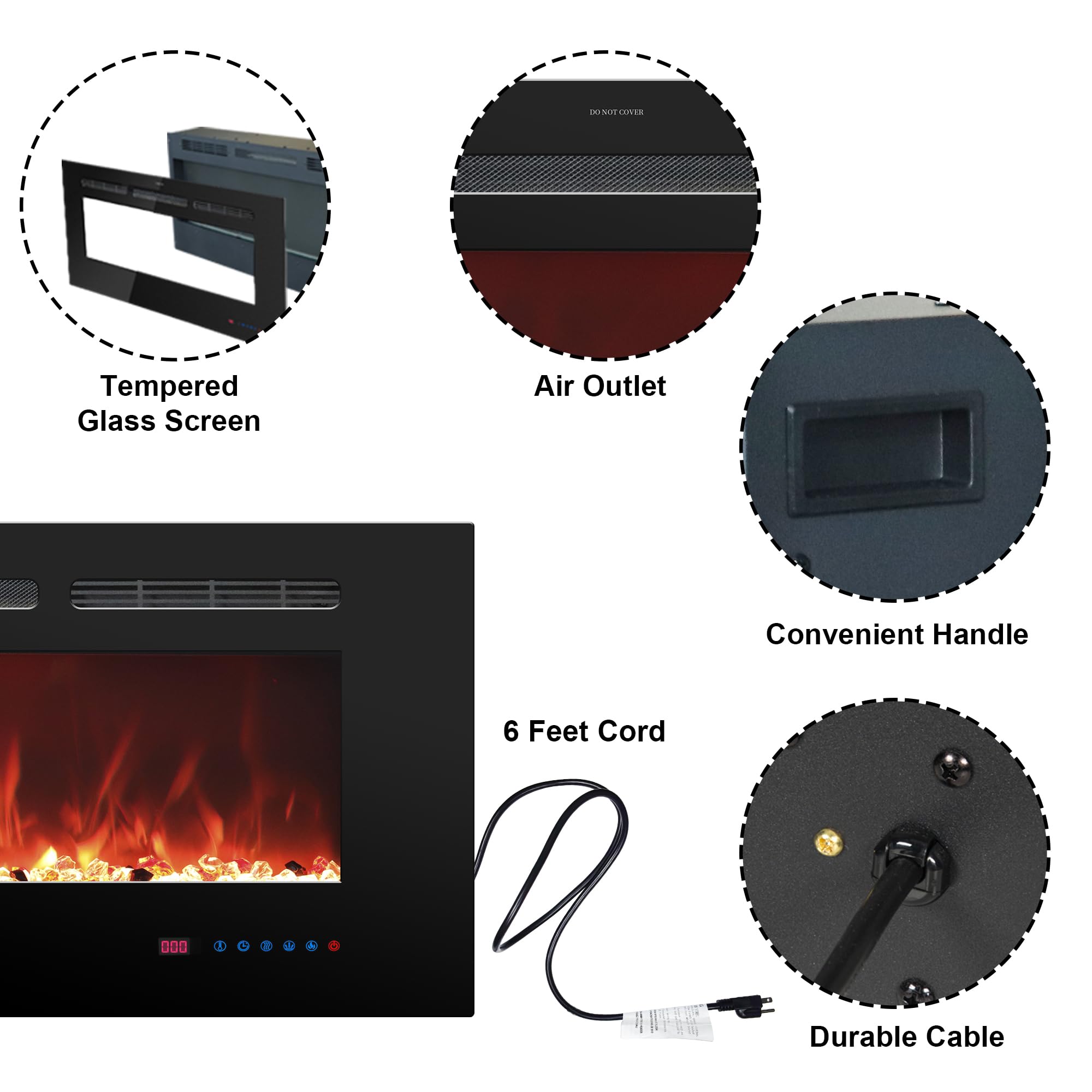 Rodalflame 36 Inches Electric Fireplace Inserts, Recessed And Wall Mounted Fireplace Heater For Indoor Use With Remote Control,